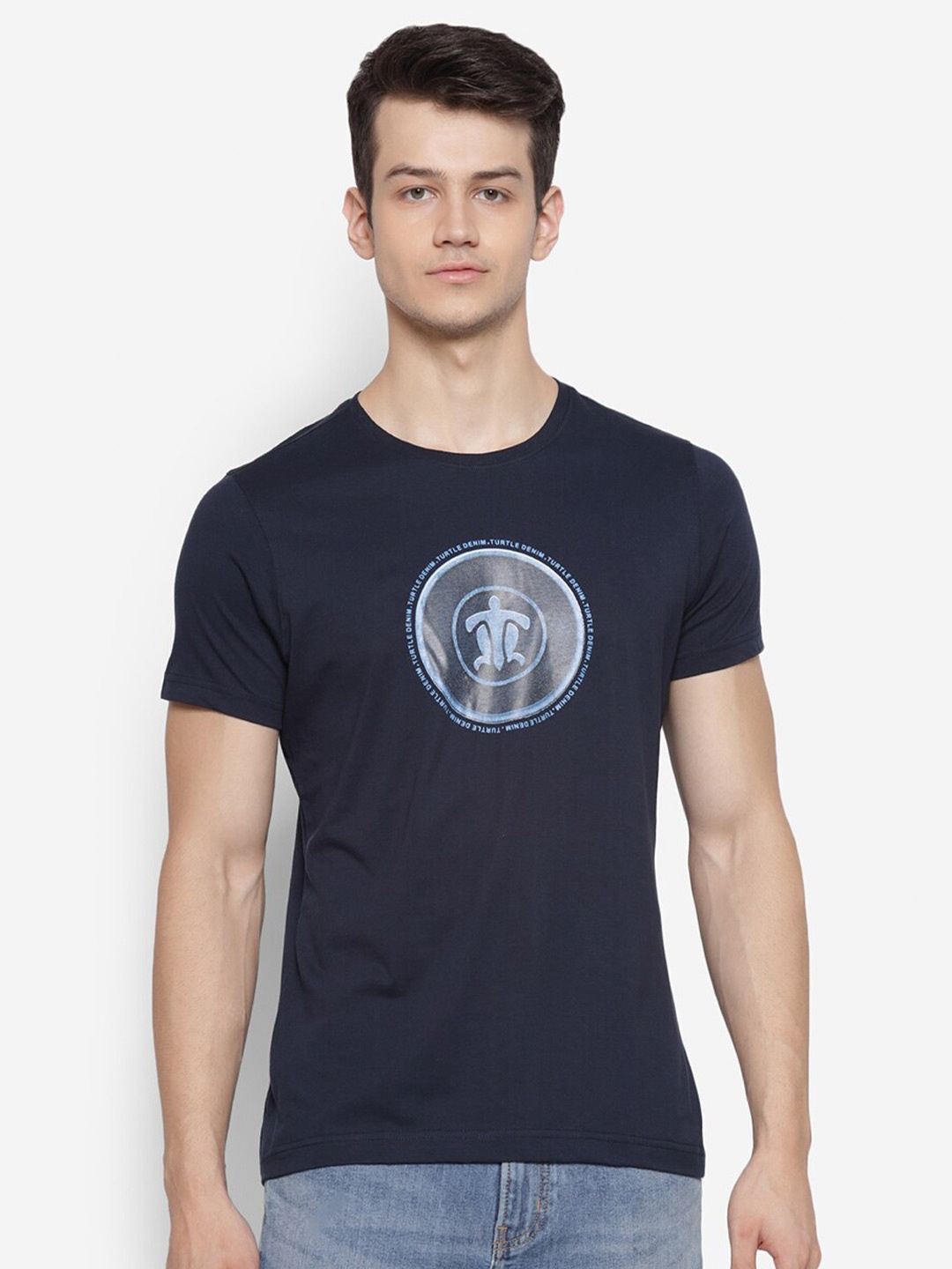 

Turtle Men Navy Blue Brand Logo Printed Slim Fit Cotton T-shirt
