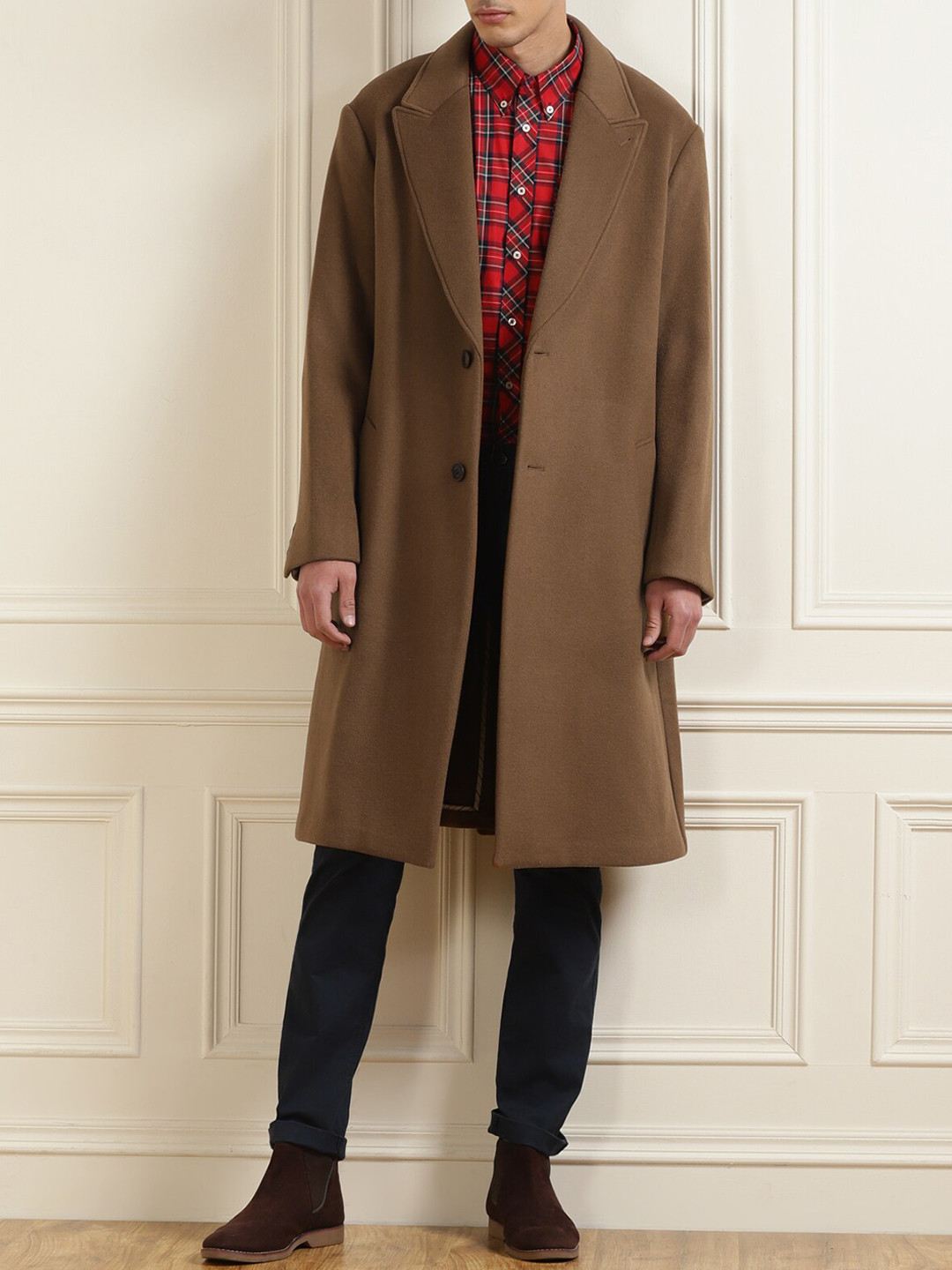 

Ted Baker Men Lapel Collar Longline Overcoat, Brown