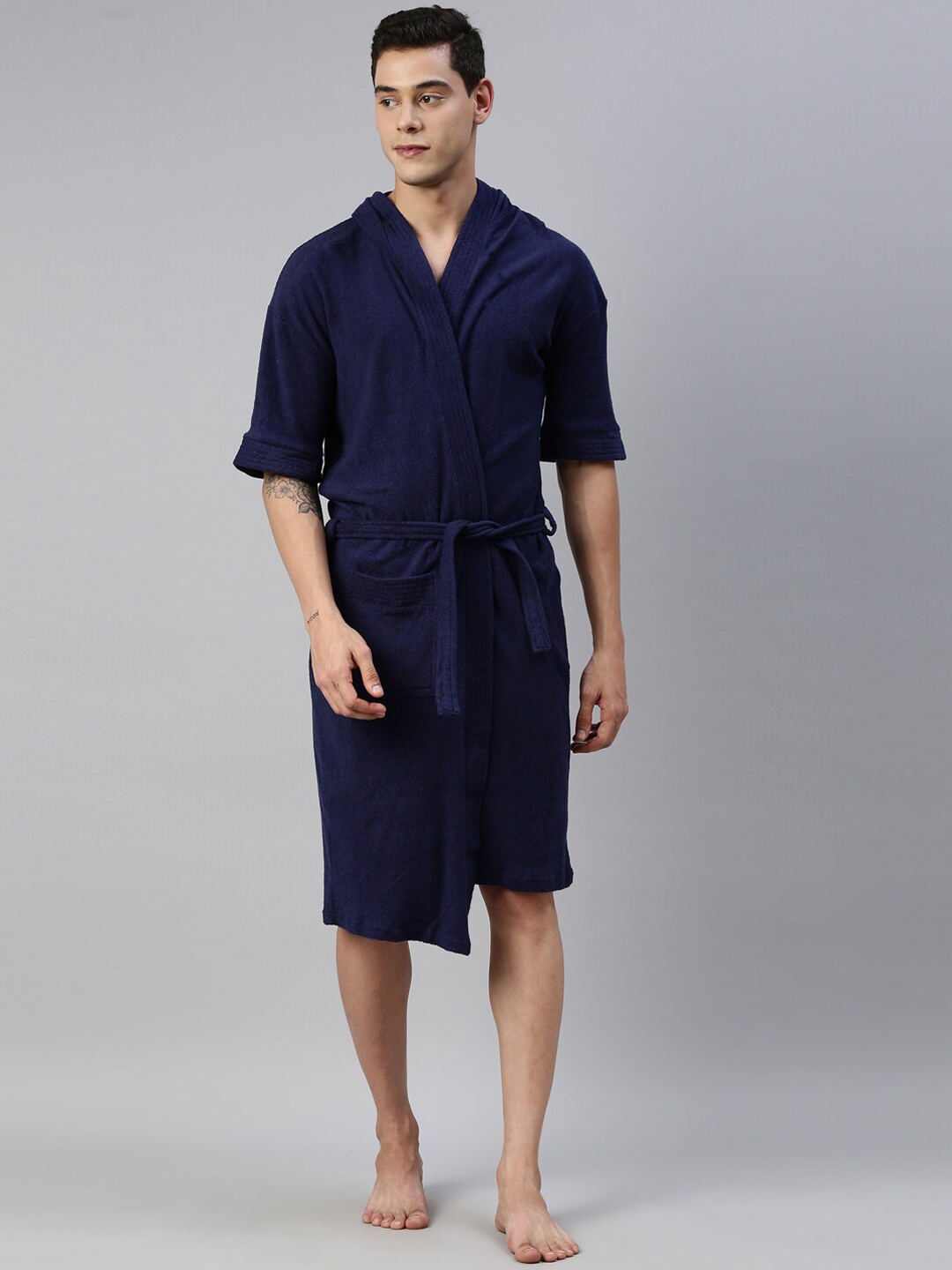

GOLDSTROMS Men Navy-Blue Solid Pure Cotton Bath Robe