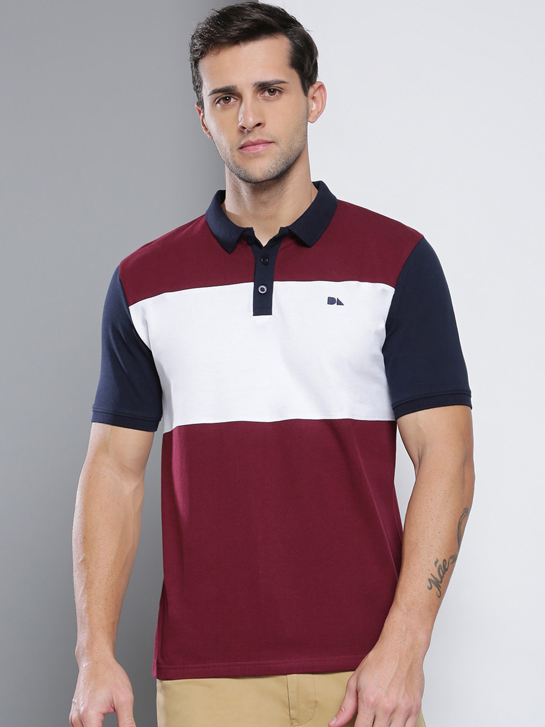 

Dennis Lingo Men Burgundy Colourblocked Polo Collar Slim Fit Cotton T-shirt