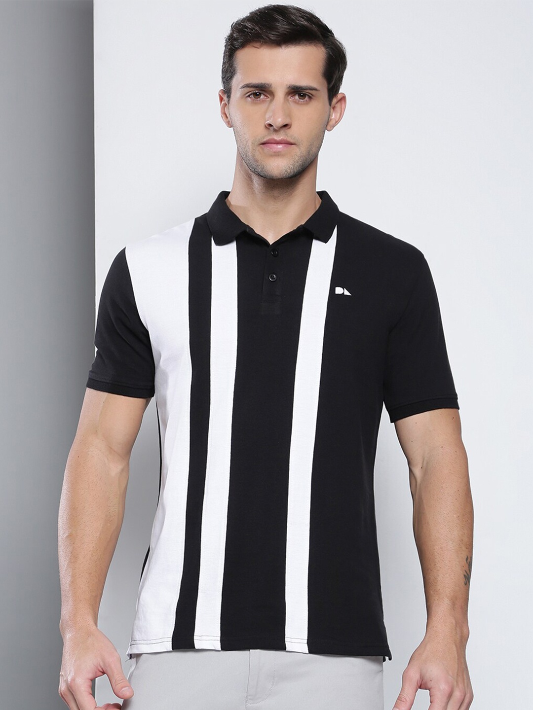 

Dennis Lingo Men Black & White Striped Polo Collar Slim Fit Cotton T-shirt