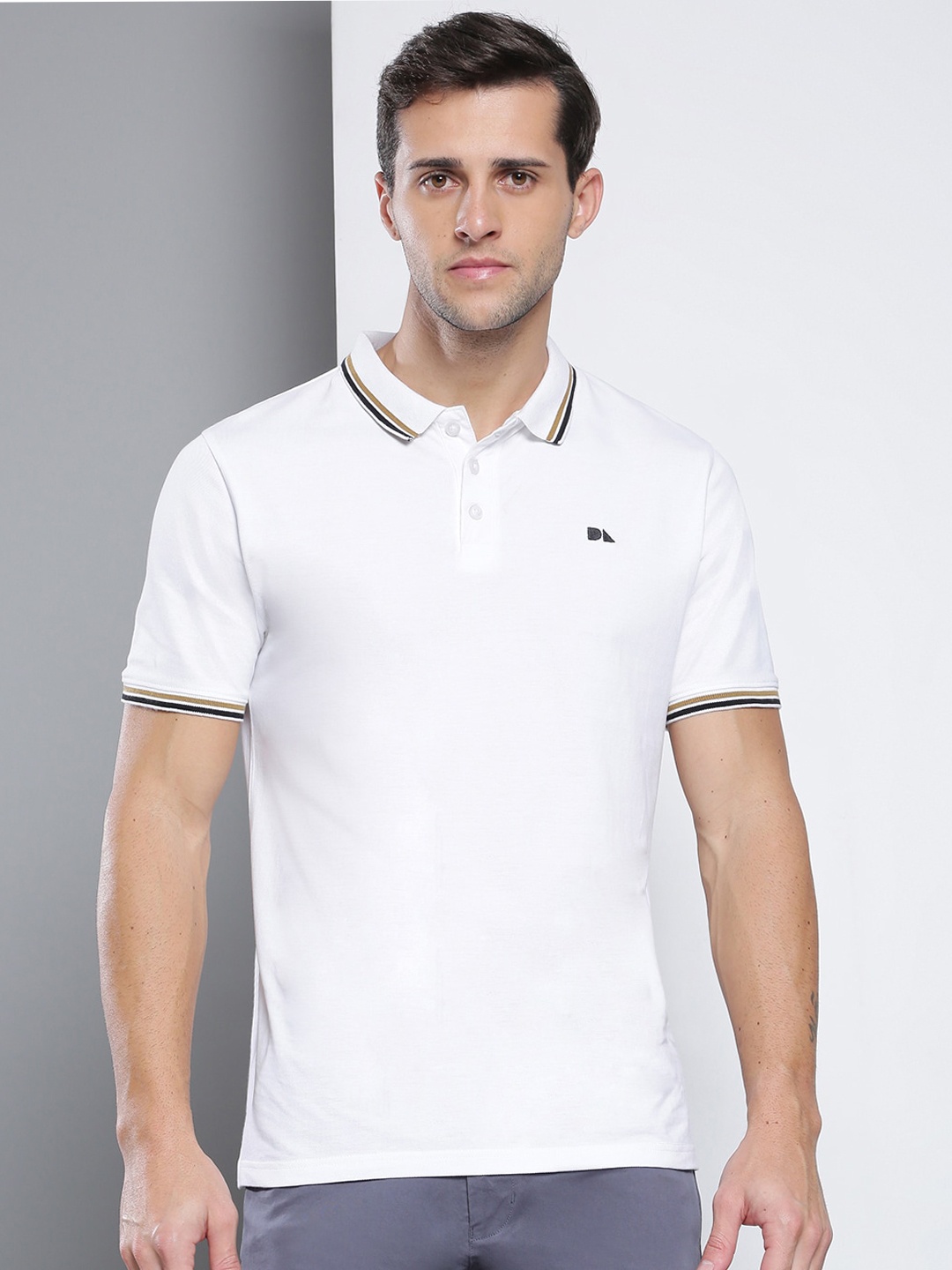 

Dennis Lingo Men White Polo Collar Slim Fit Cotton T-shirt