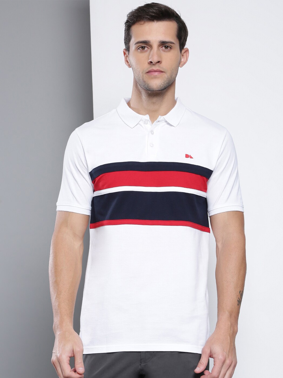 

Dennis Lingo Men White Striped Polo Collar Slim Fit T-shirt