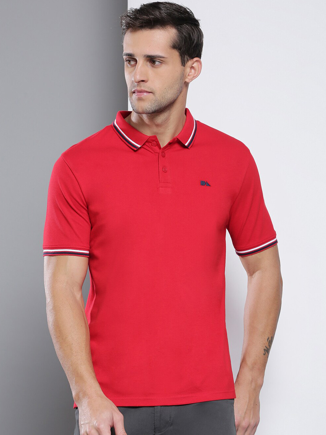 

Dennis Lingo Men Red Polo Collar Slim Fit Cotton T-shirt