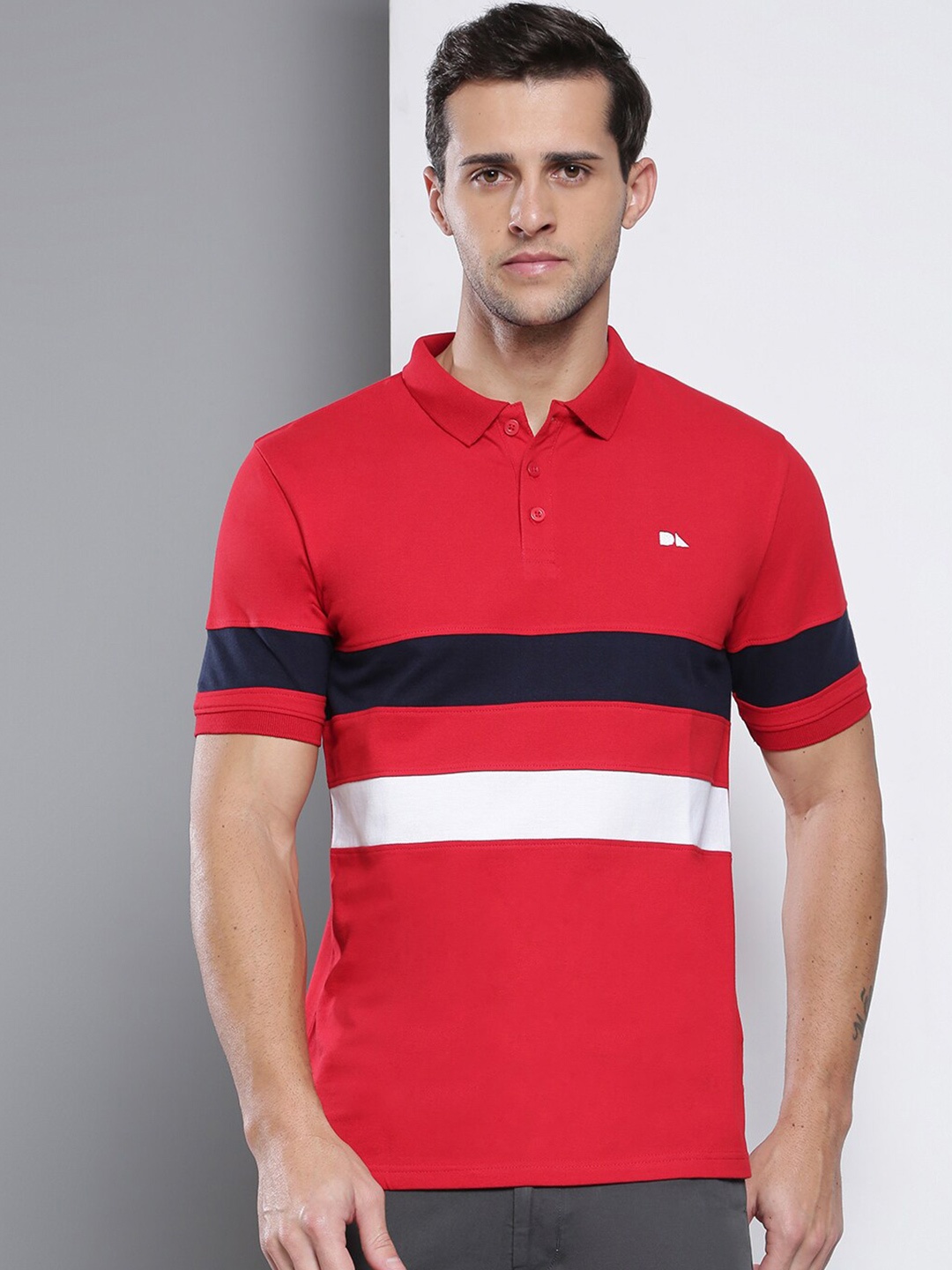 

Dennis Lingo Men Red Striped Polo Collar Slim Fit Cotton T-shirt