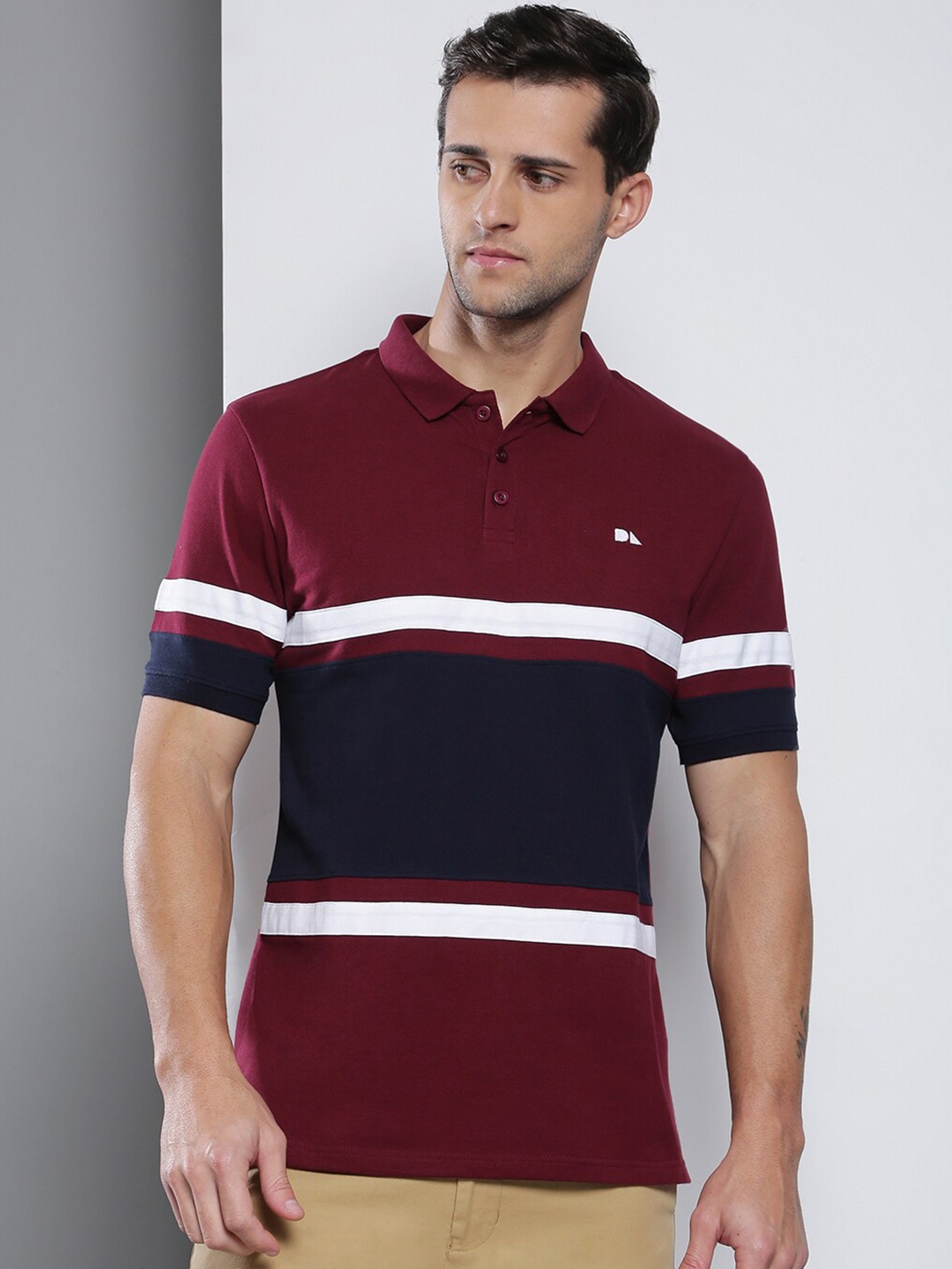 

Dennis Lingo Men Burgundy & Black Colourblocked Polo Collar Slim Fit Cotton T-shirt