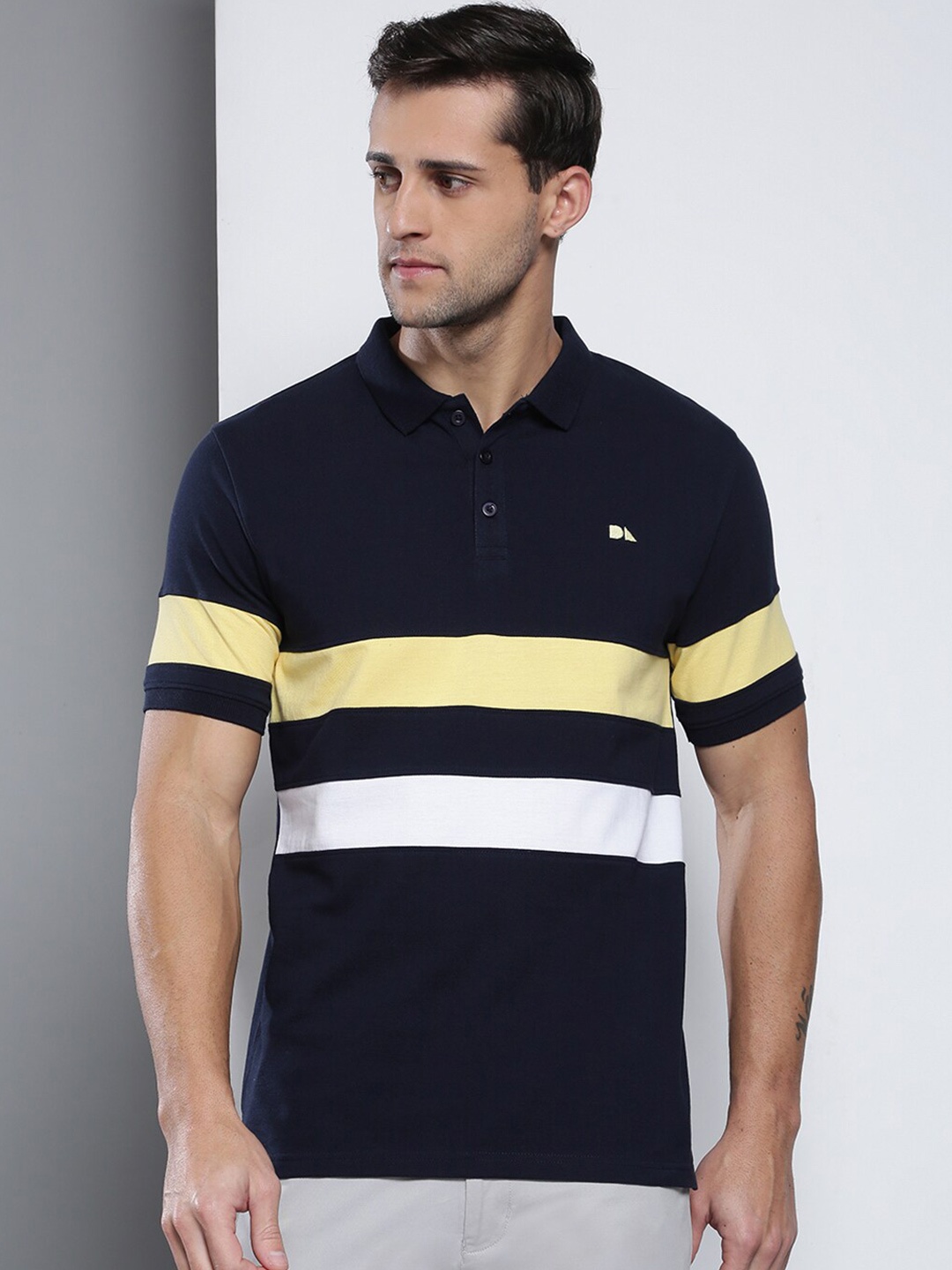 

Dennis Lingo Men Navy Blue Colourblocked Polo Collar Slim Fit T-shirt