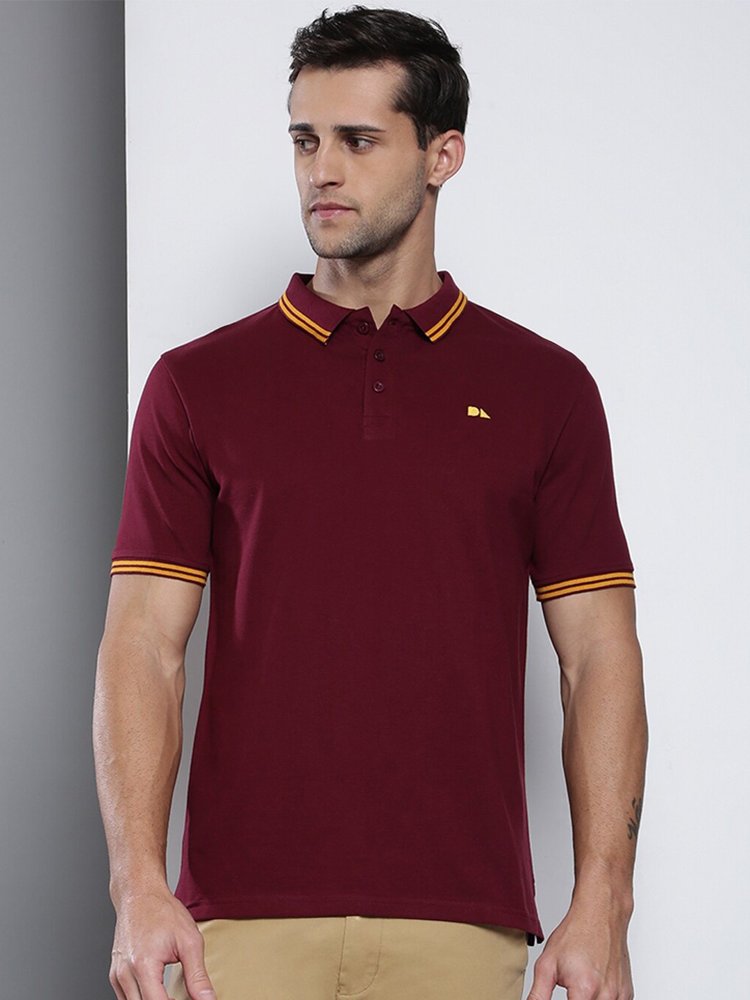 

Dennis Lingo Men Burgundy Polo Collar Slim Fit Cotton T-shirt