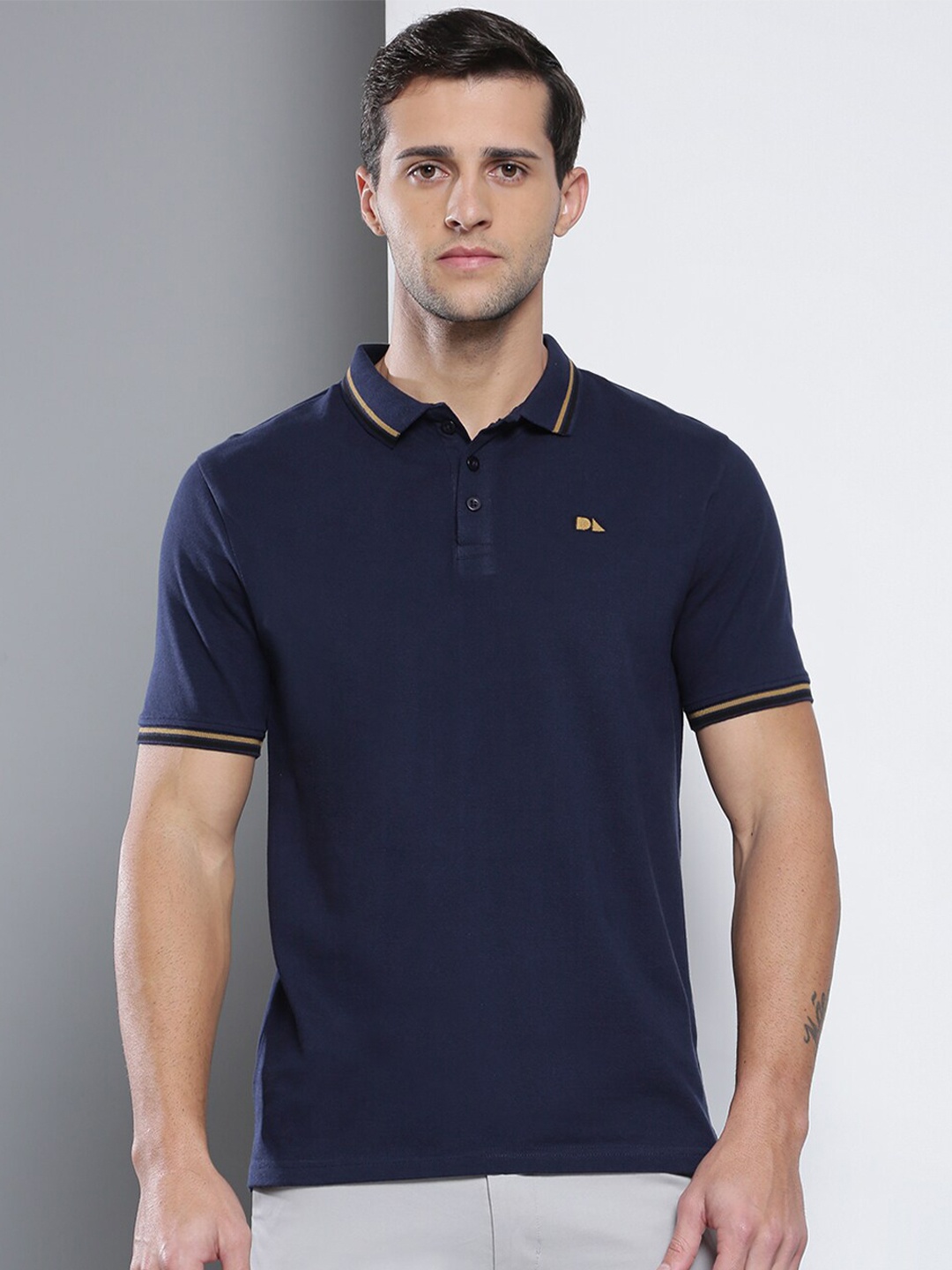 

Dennis Lingo Men Navy Blue Polo Collar Slim Fit T-shirt