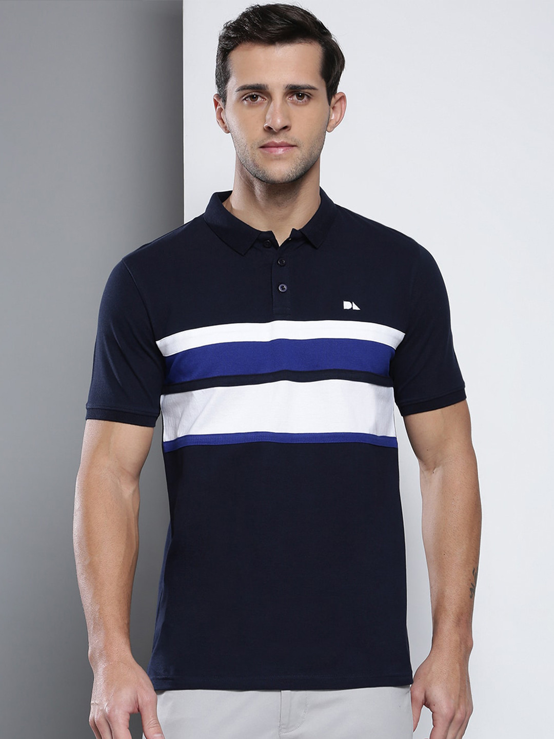 

Dennis Lingo Men Navy Blue Striped Polo Collar Slim Fit T-shirt