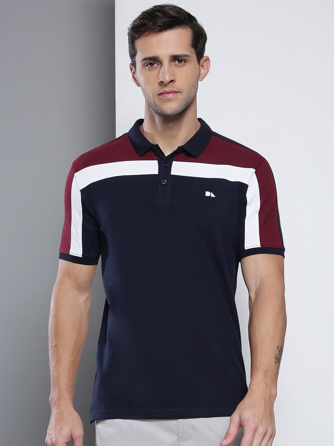 

Dennis Lingo Men Navy Blue Polo Collar Slim Fit T-shirt