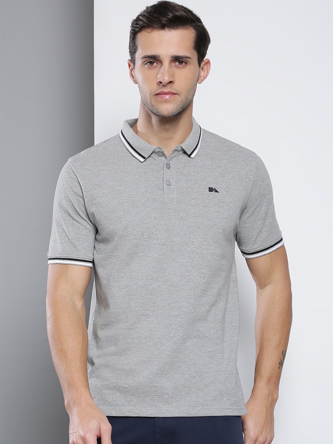 

Dennis Lingo Men Grey Melange Polo Collar Slim Fit T-shirt