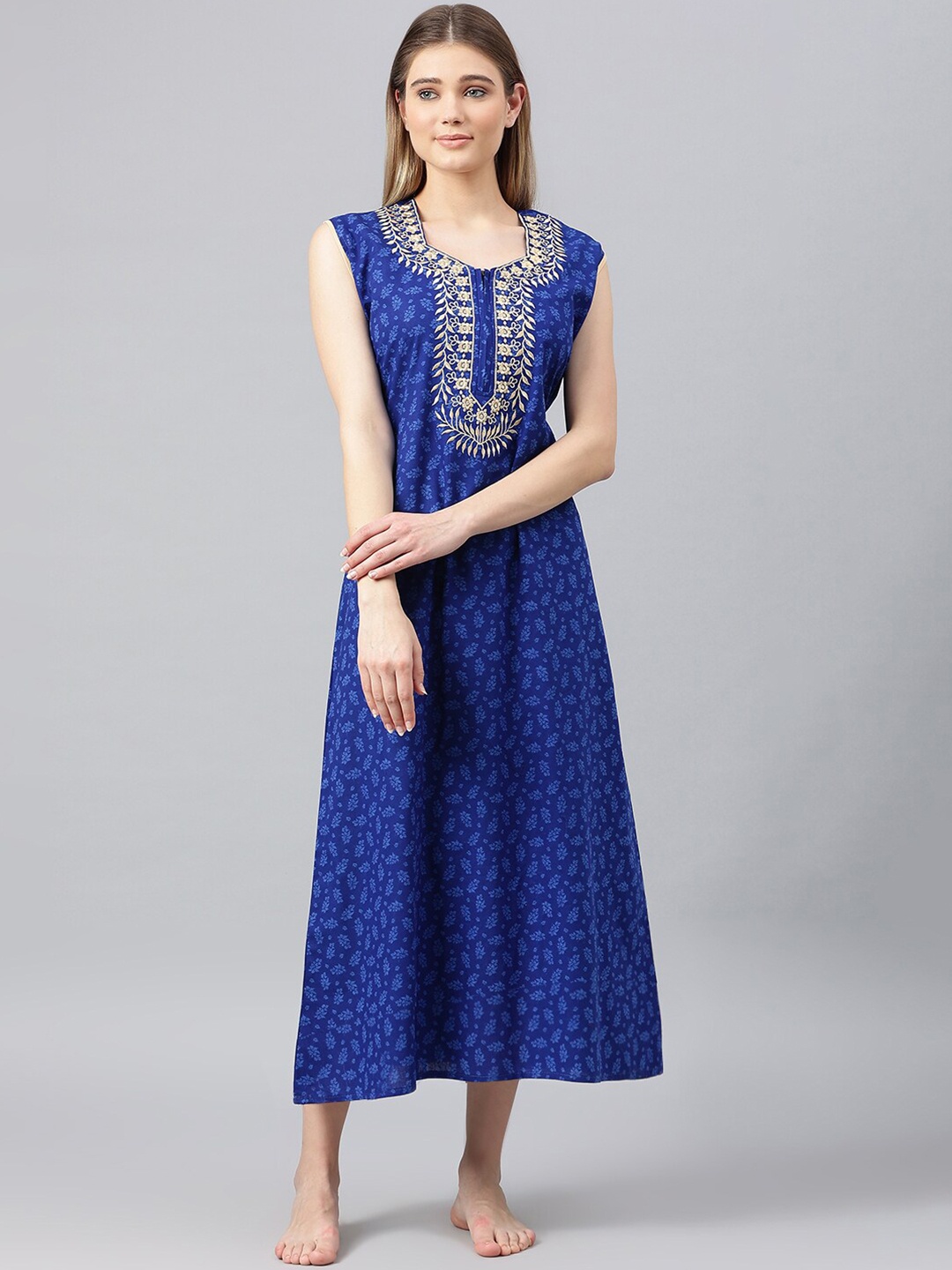 

Secret Wish Blue Embroidered Pure Cotton Maxi Nightdress