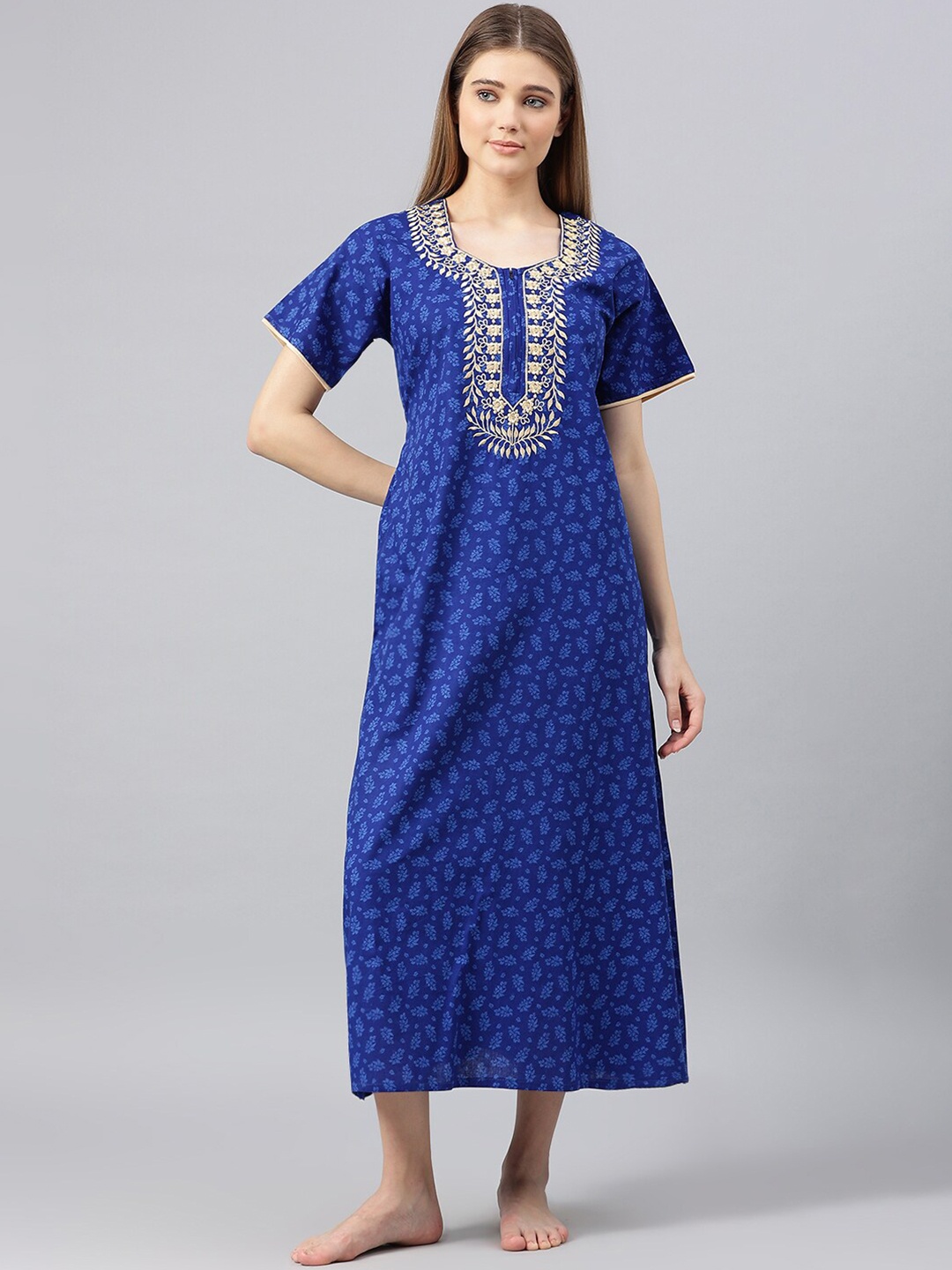

Secret Wish Women Blue Printed Round Neck Cotton Nightdress
