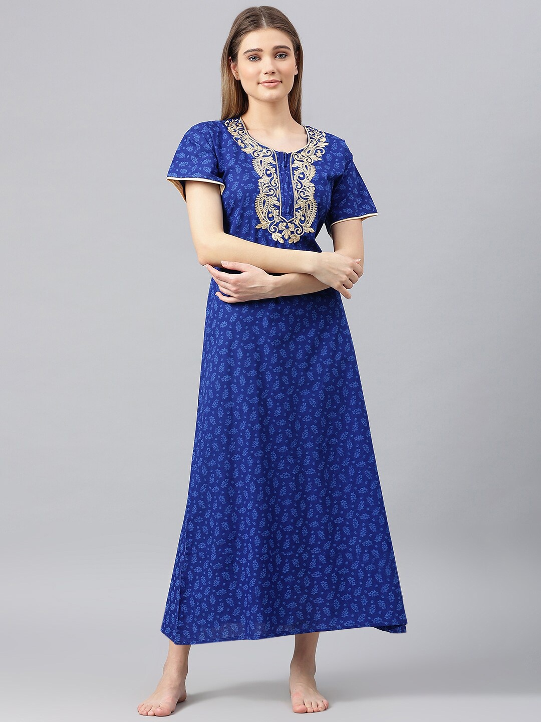 

Secret Wish Blue Printed Cotton Maxi Nightdress