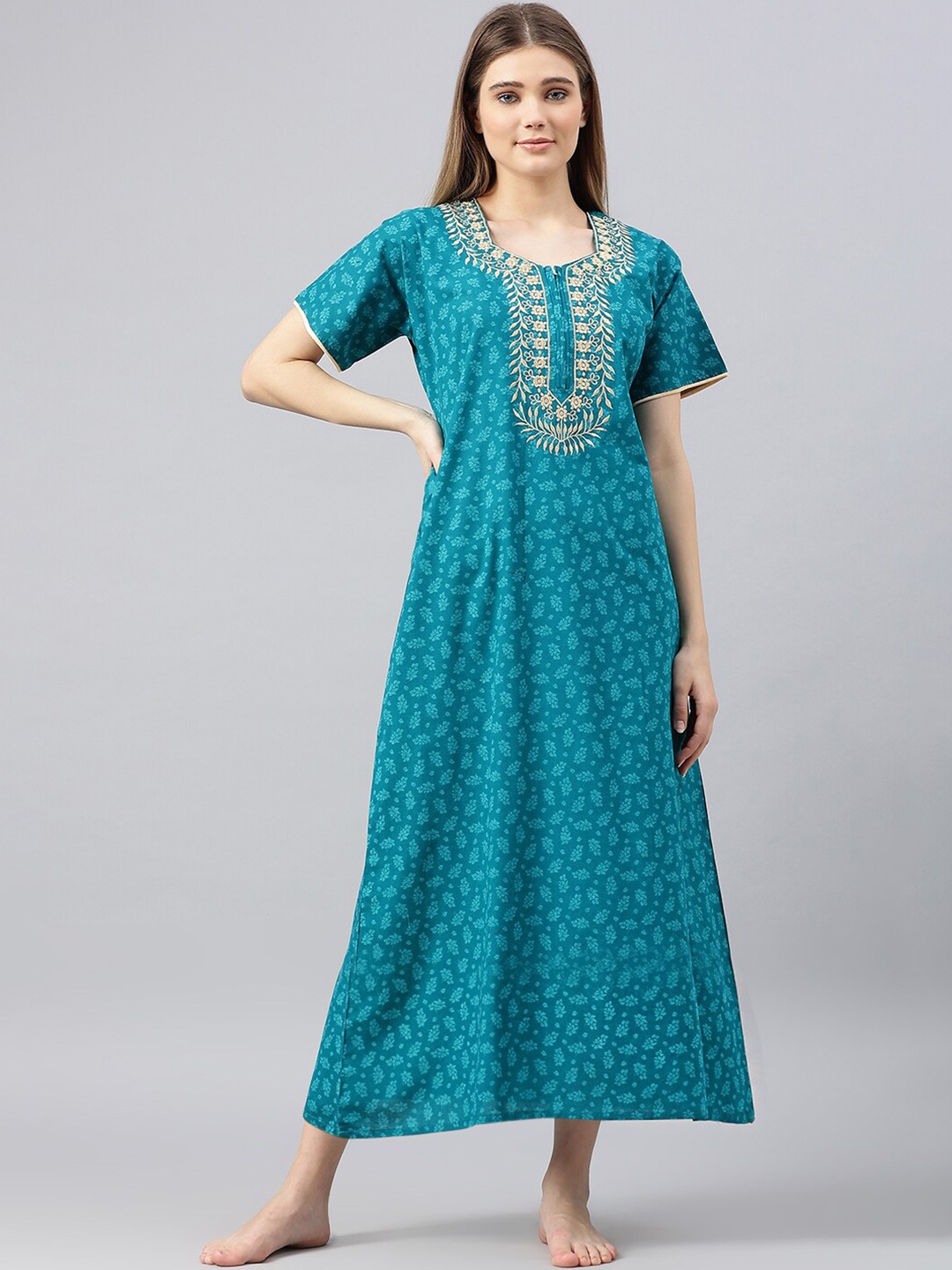 

Secret Wish Blue Printed Pure Cotton Maxi Nightdress