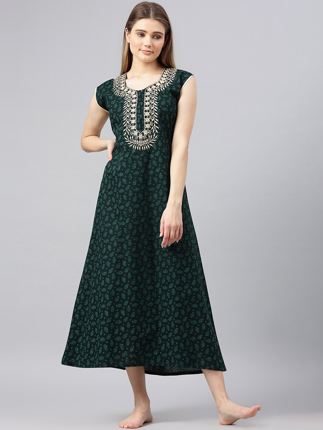 

Secret Wish Green Printed Pure Cotton Maxi Nightdress