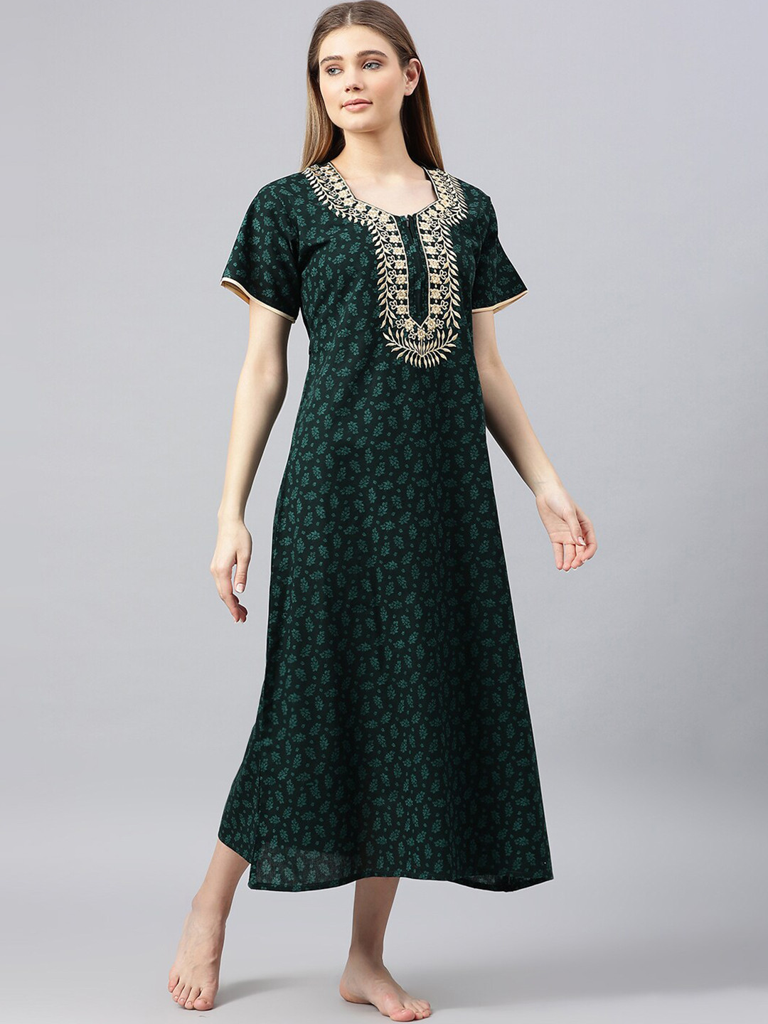 

Secret Wish Green Printed Maxi Pure Cotton Nightdress