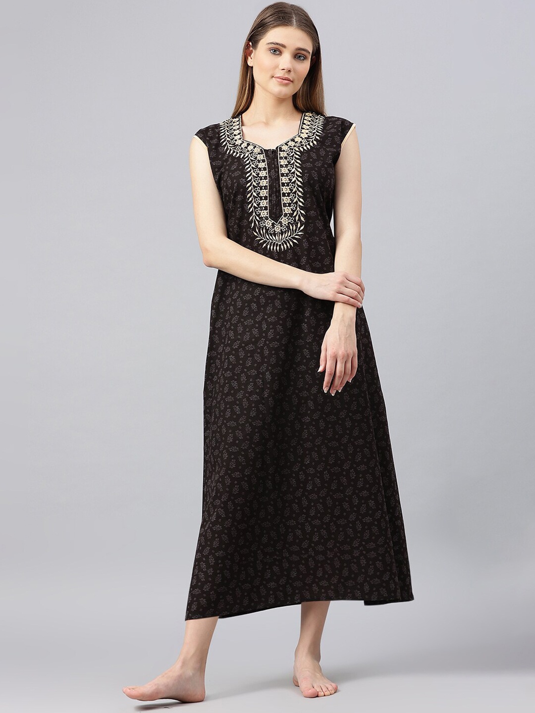 

Secret Wish Black Printed Pure Cotton Maxi Nightdress