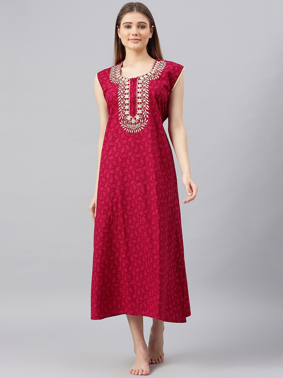 

Secret Wish Women Red Embroidered Cotton Maxi Nightdress