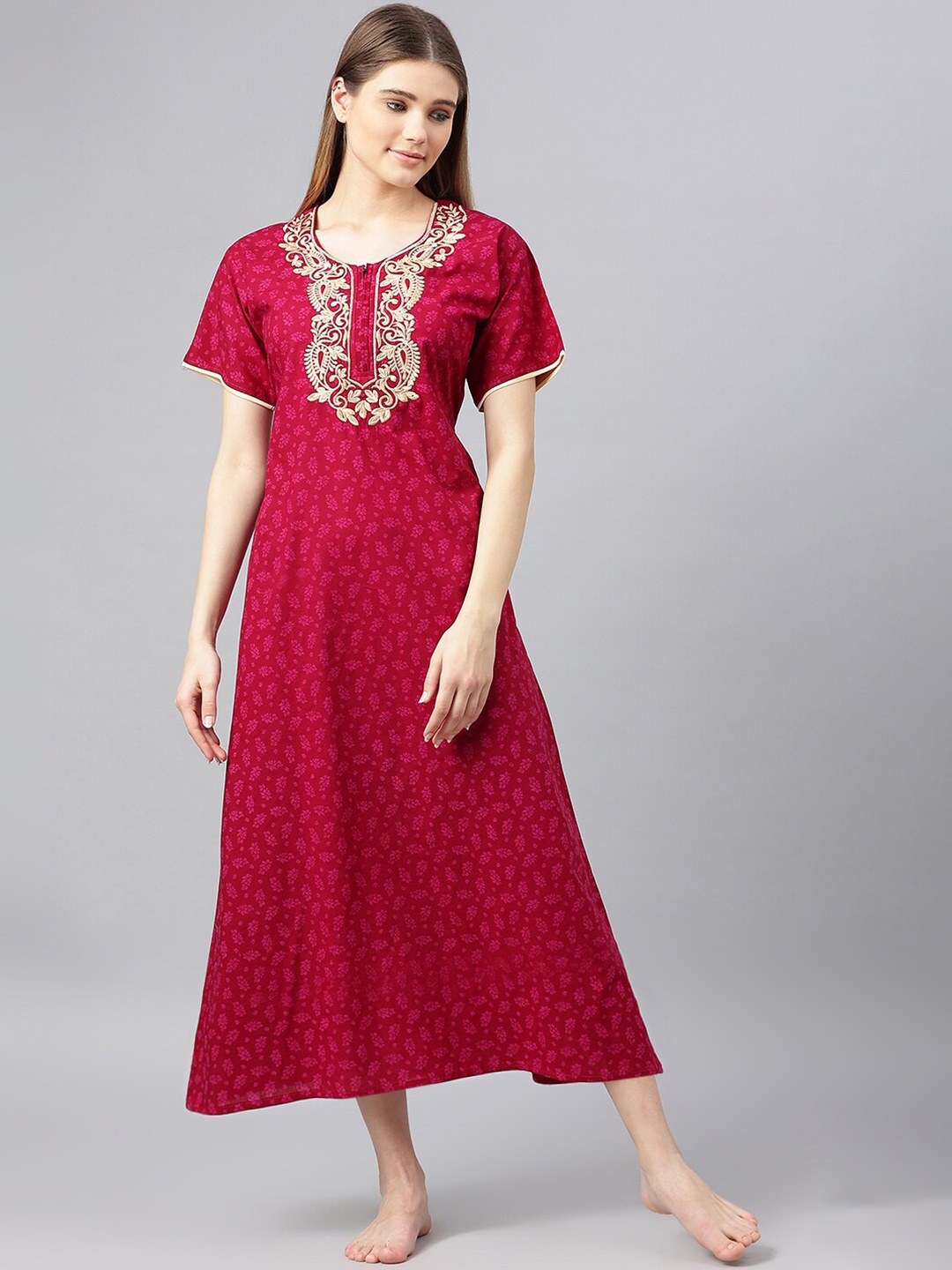 

Secret Wish Red Printed Pure Cotton Maxi Nightdress