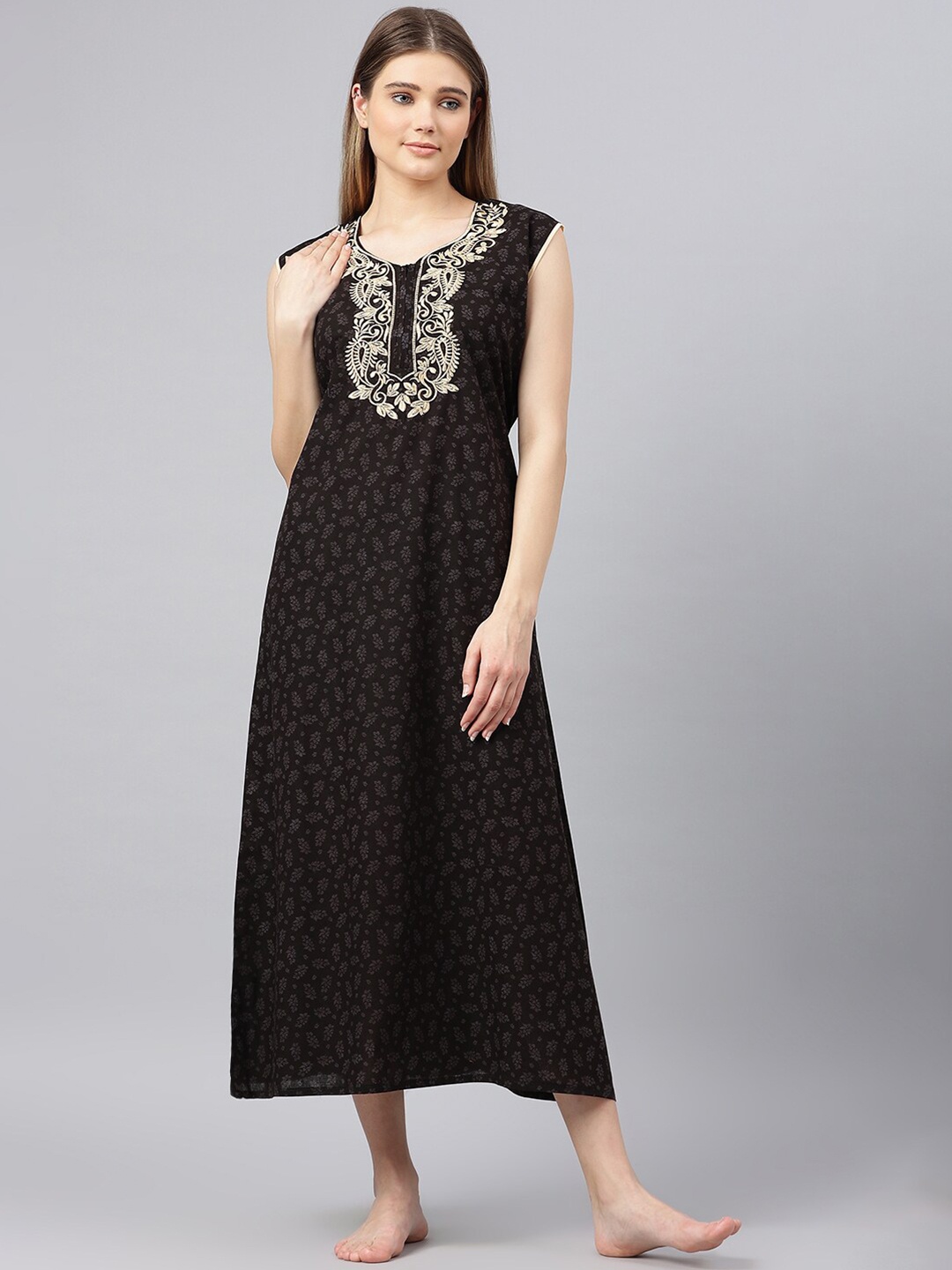 

Secret Wish Women Black Embroidered Cotton Maxi Nightdress