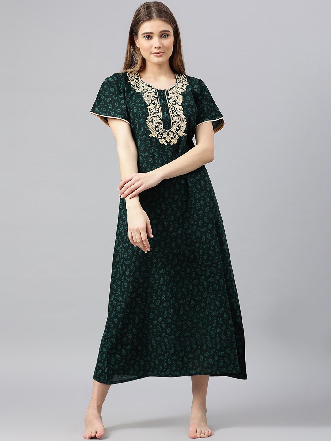 

Secret Wish Green Printed Pure Cotton Maxi Nightdress