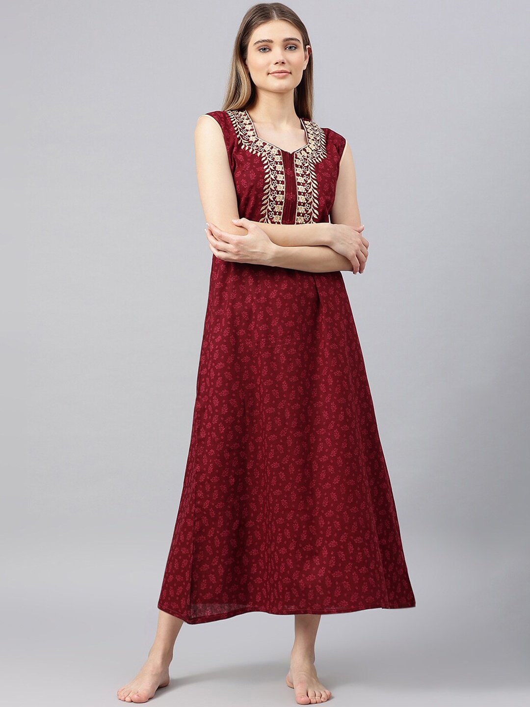 

Secret Wish Women Maroon Embroidered Cotton Maxi Nightdress