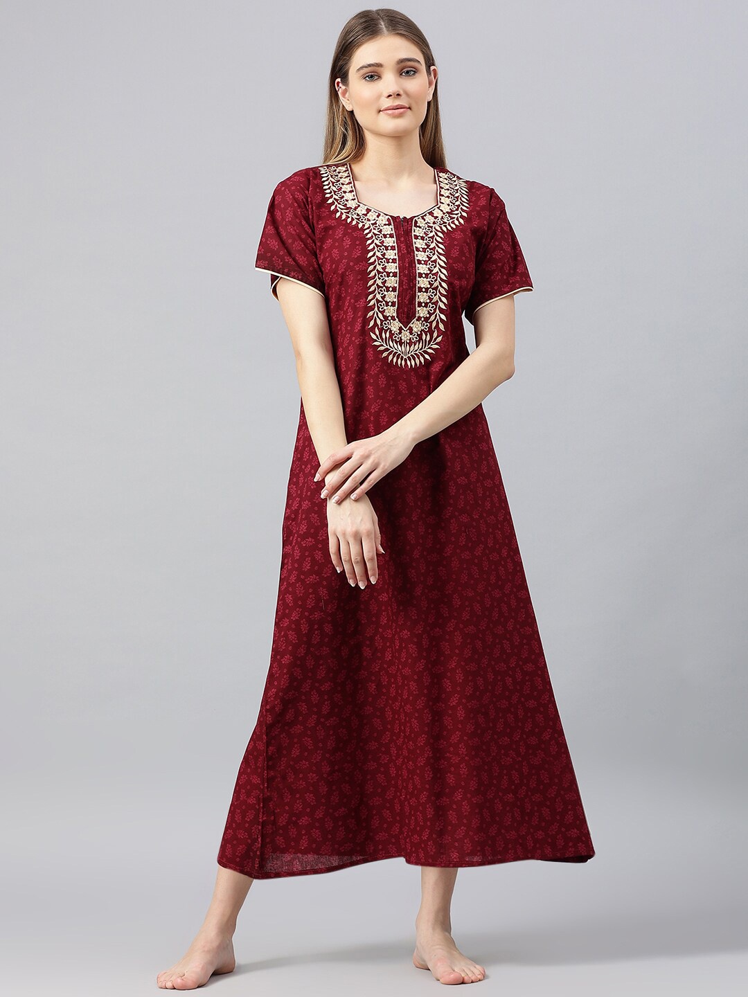 

Secret Wish Maroon Printed Pure Cotton Maxi Nightdress