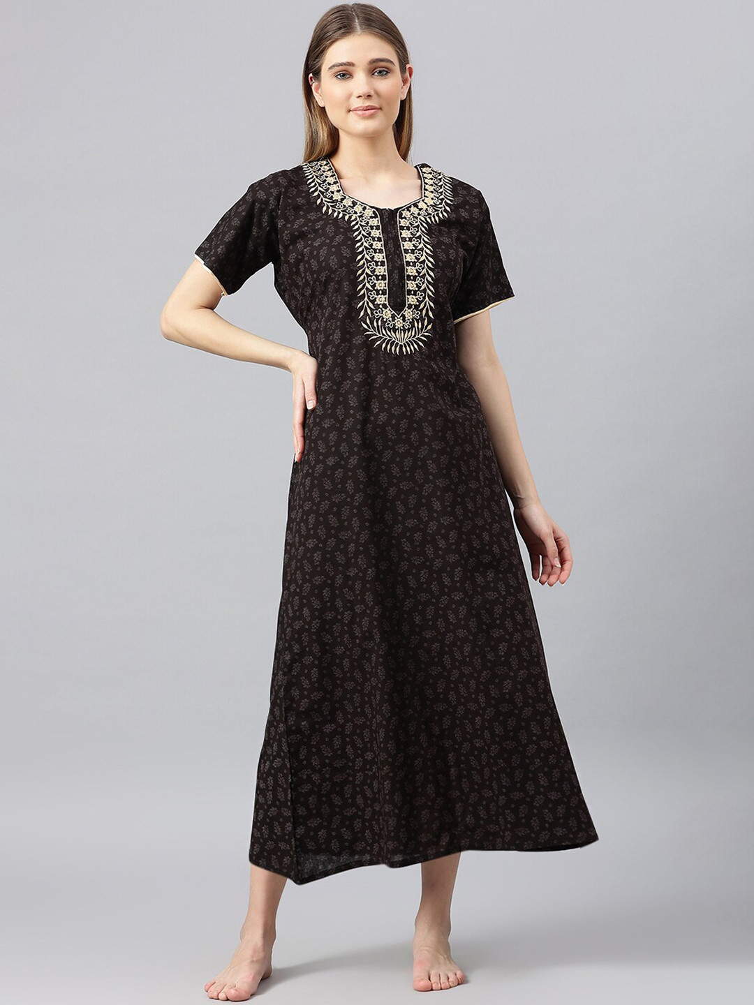 

Secret Wish Black Embroidered Maxi Pure Cotton Nightdress