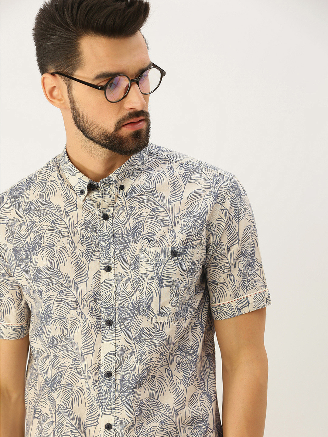 

Flying Machine Men Beige & Blue Slim Fit Printed Casual Pure Cotton Shirt
