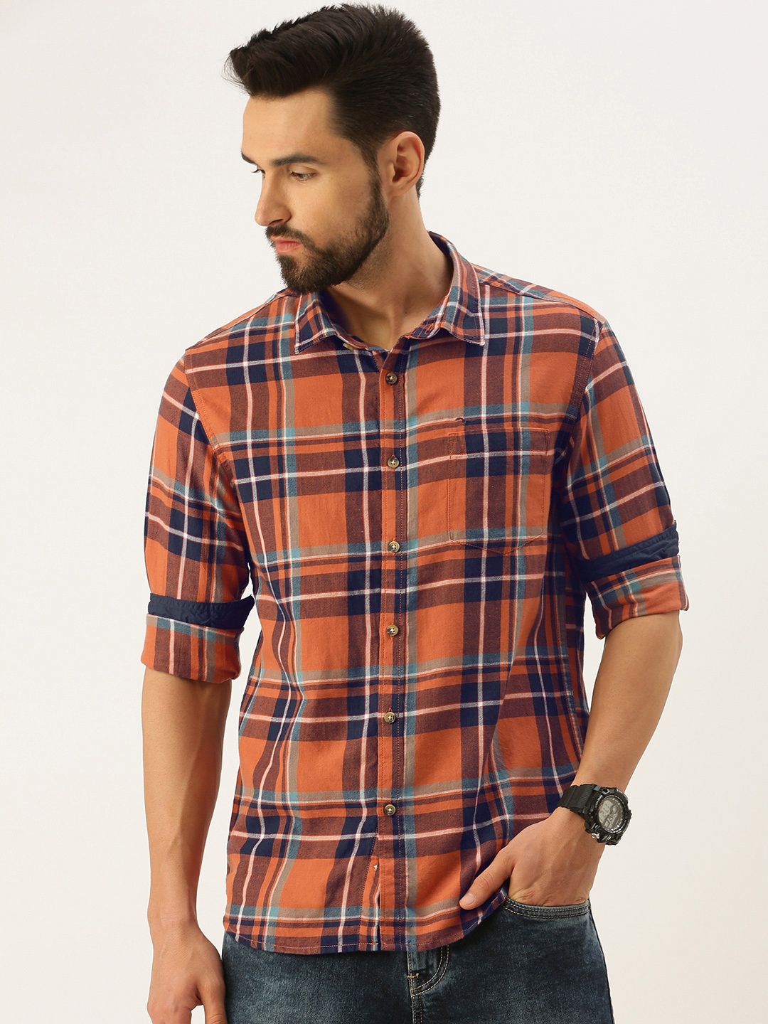 

Flying Machine Men Rust &Brown Slim Fit Checked Casual Pure Cotton Shirt