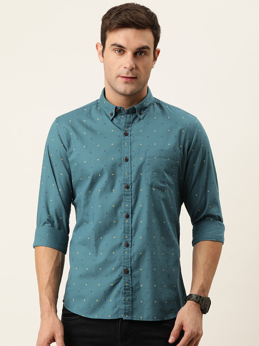 

Flying Machine Men Blue Geometris Printed Slim Fit Pure Cotton Casual Shirt