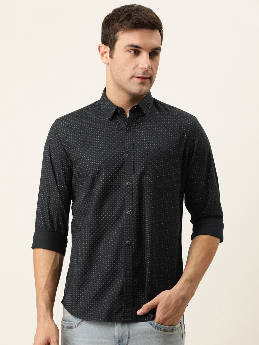 

Flying Machine Men Navy Blue Micro Ditsy Printed Slim Fit Pure Cotton Casual Shirt