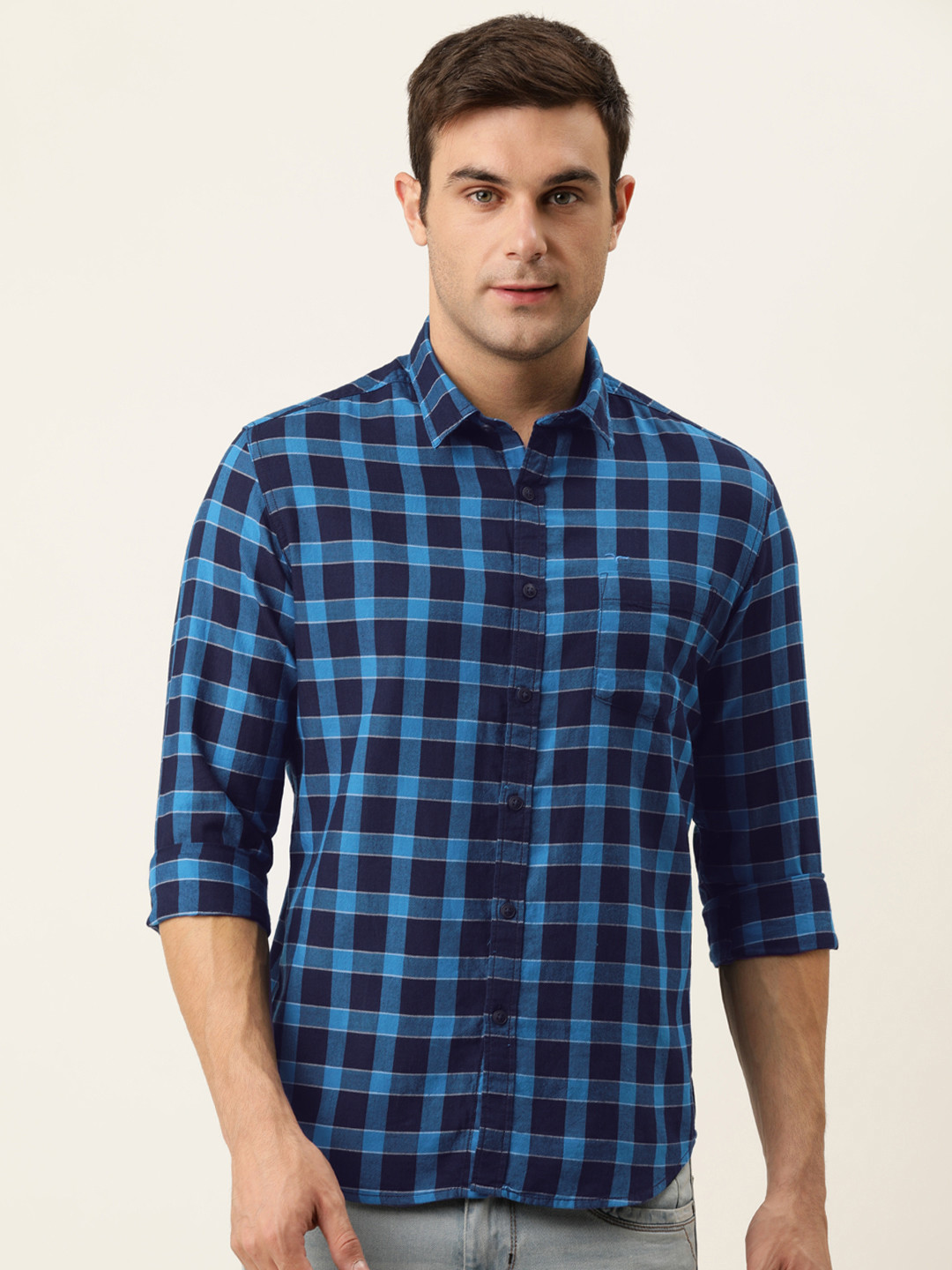 

Flying Machine Men Blue Gingham Checks Slim Fit Pure Cotton Casual Shirt