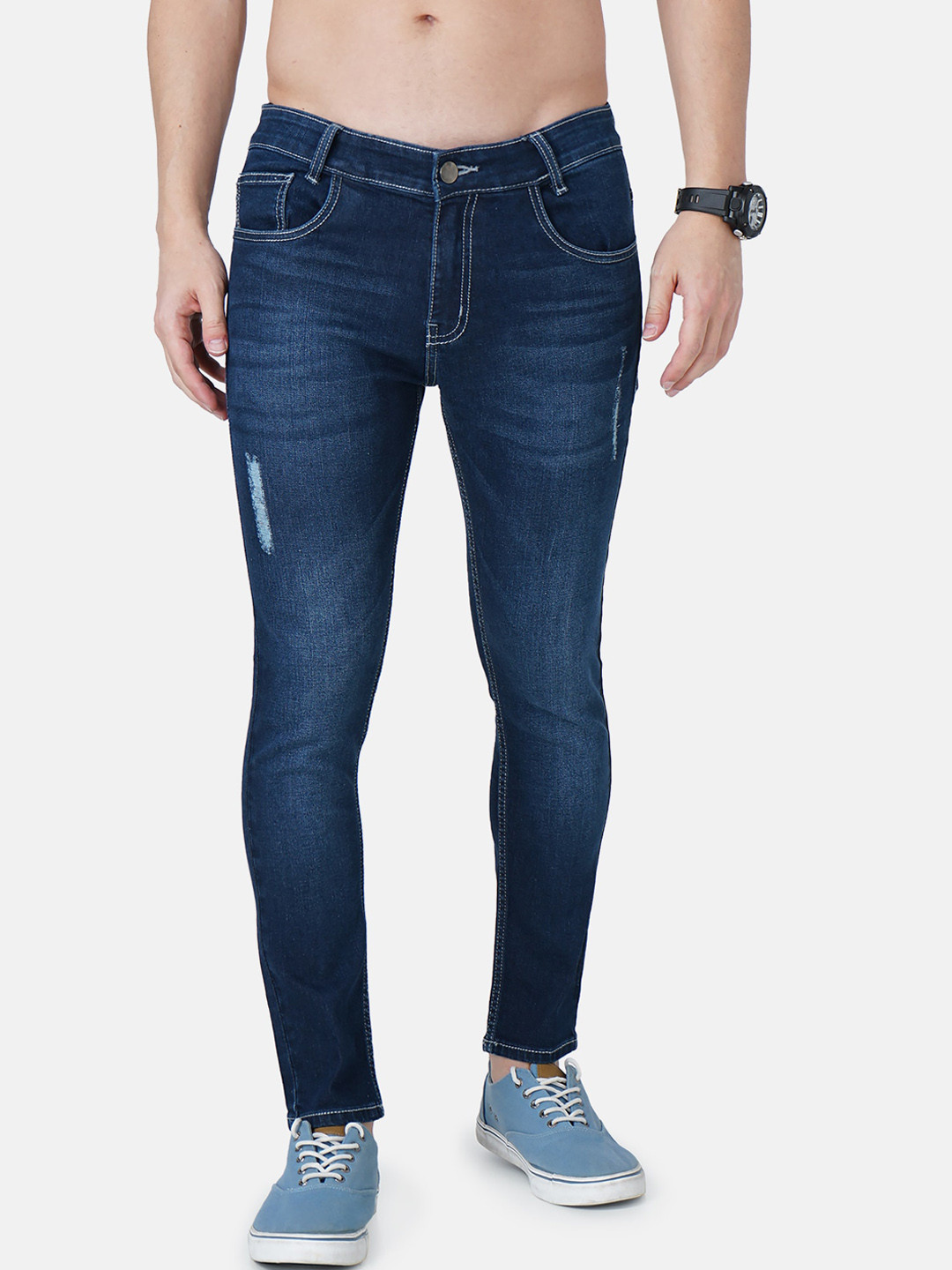 

Jean Cafe Men Blue Jean Skinny Fit Mildly Distressed Light Fade Cotton Jeans