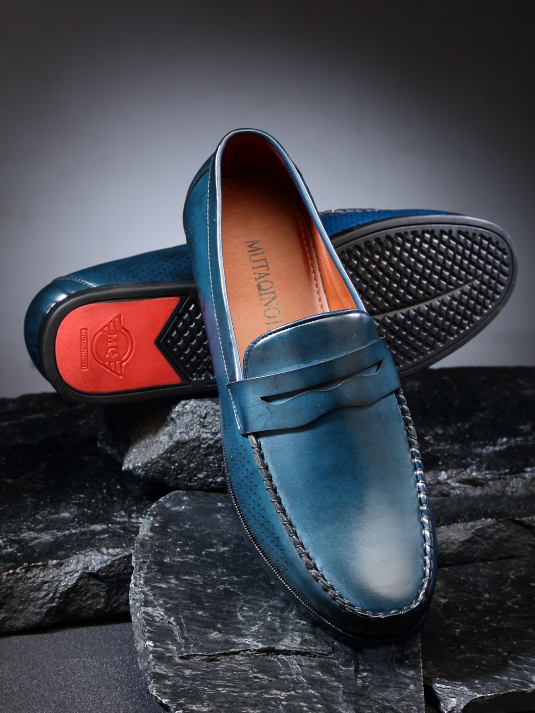 

MUTAQINOTI Men Blue Patent Leather Loafers