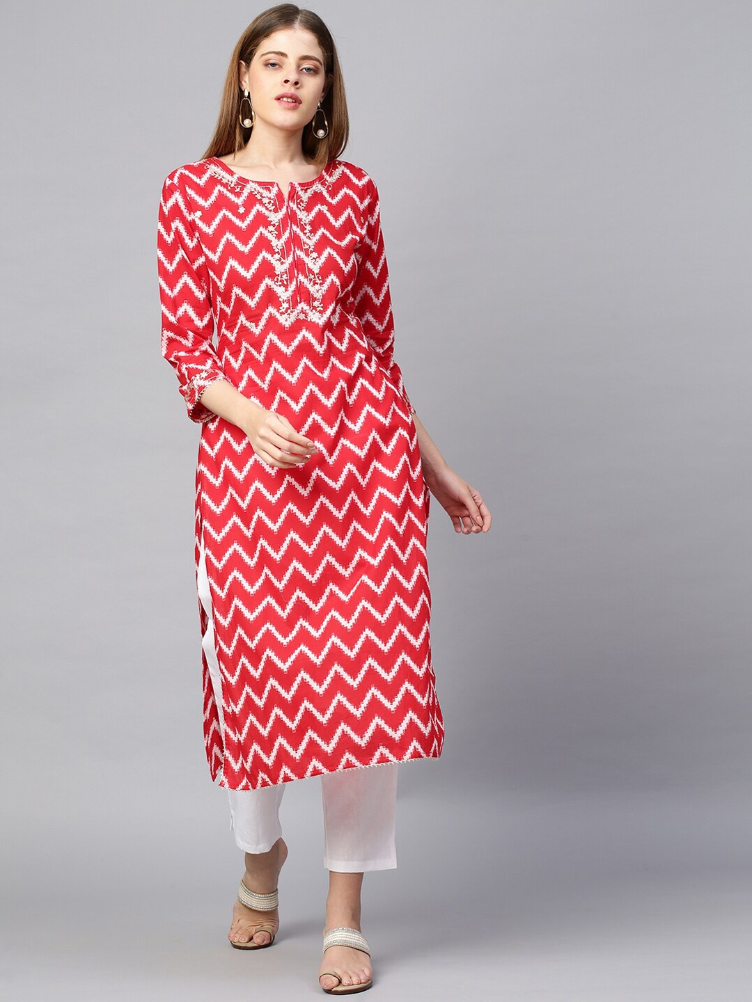 

FASHOR Women Red & White Chevron Printed Thread Work Pure Cotton Kurta with Trouser
