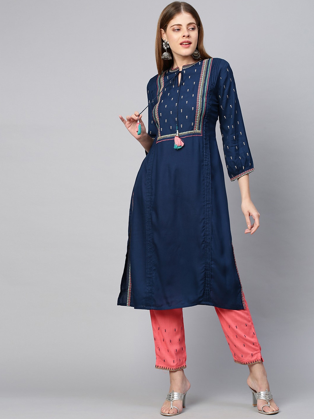 

FASHOR Women Navy Blue & Pink Ethnic Motifs Yoke Embroidered Kurta with Trousers