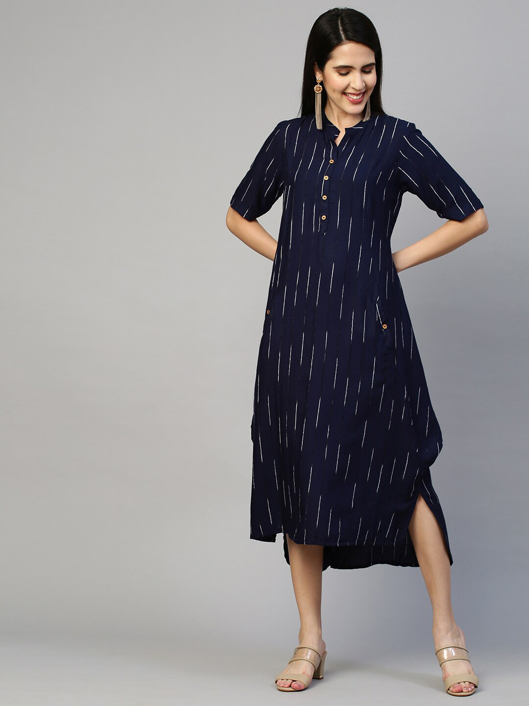 

FASHOR Navy Blue A-Line Midi Dress