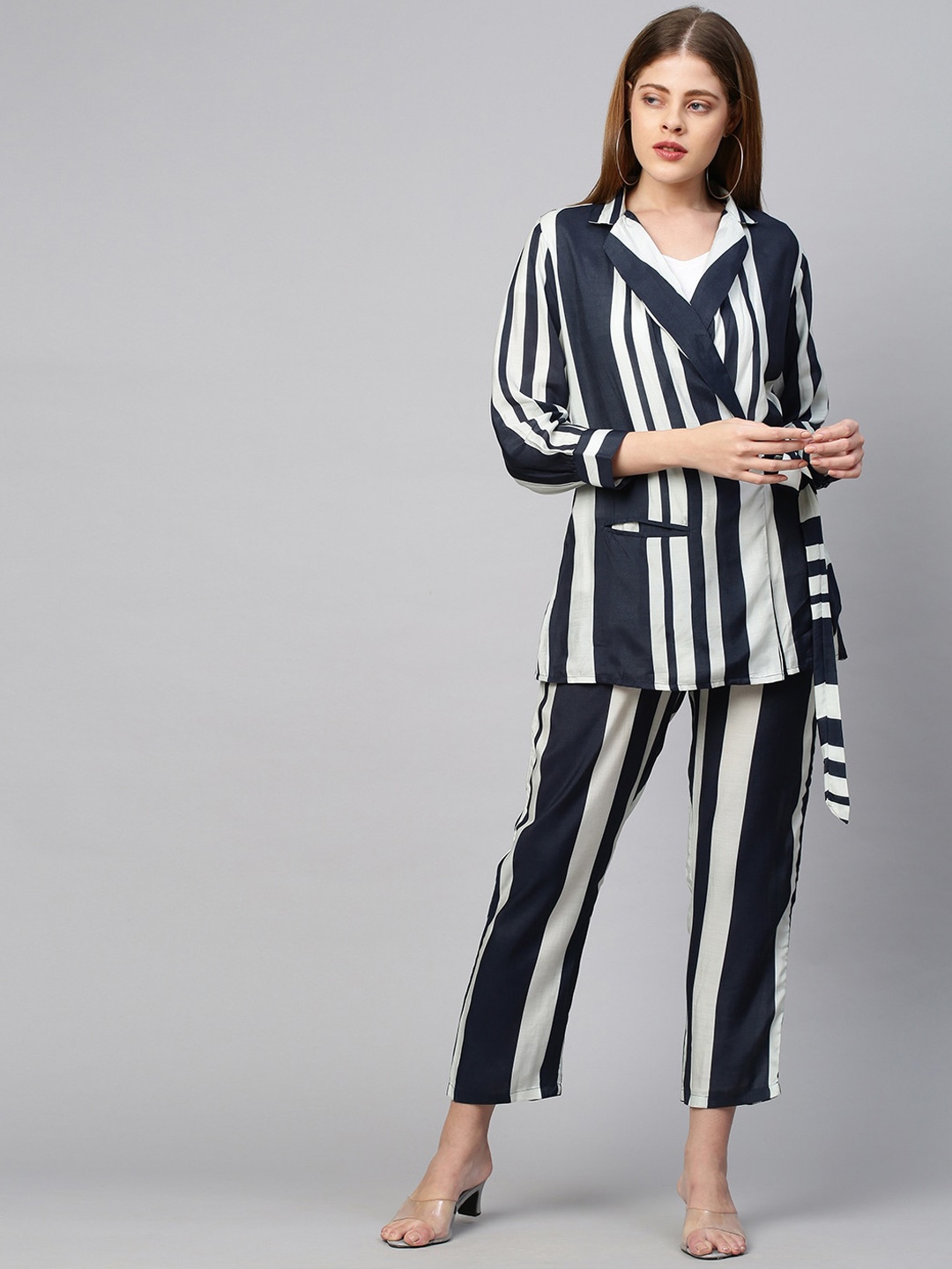 

FASHOR Women Navy Blue & White Striped Muslin Silk Blazer Co-ords