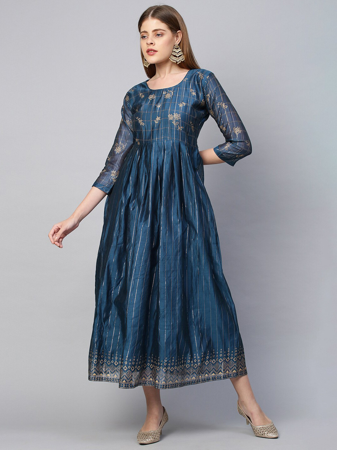 

FASHOR Teal Ethnic Motifs Ethnic Maxi Foil Printed Dress