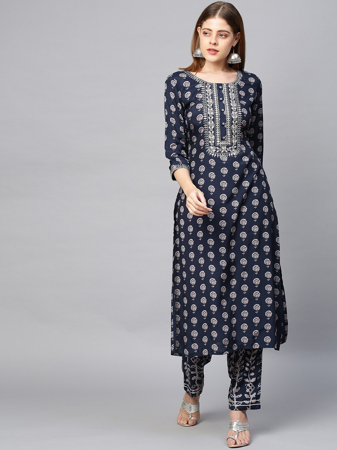 

FASHOR Women Navy Blue & Grey Ethnic Motifs Printed Thread Work Kurta with Trousers