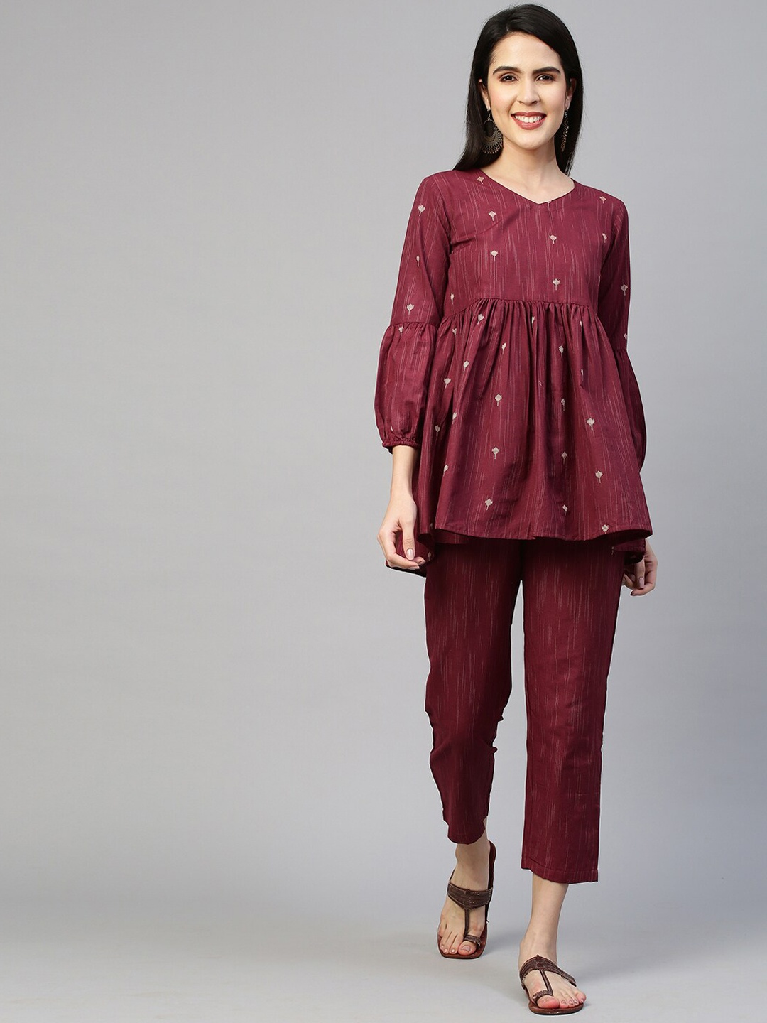 

FASHOR Women Maroon & Off-White Ethnic Motifs Woven Design Woven Co-Ords