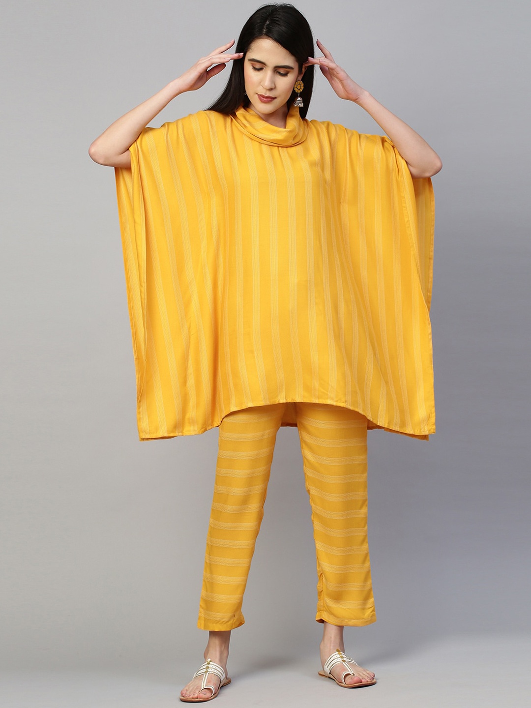 

FASHOR Women Mustard Yellow Striped Cowl Neck Kaftan Co-ords