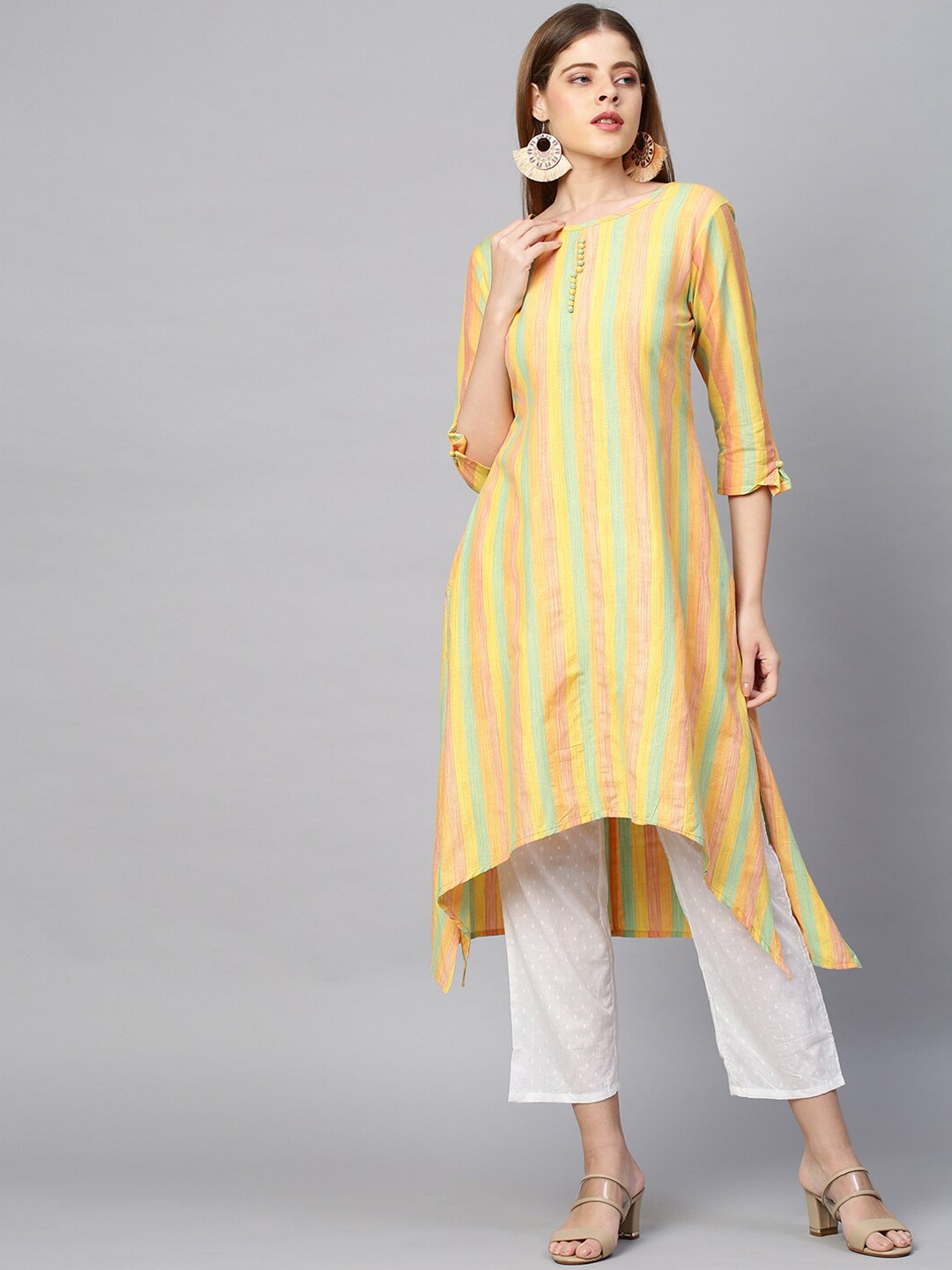 

FASHOR Women Yellow & White Striped Asymmetrical Kurta with Trousers