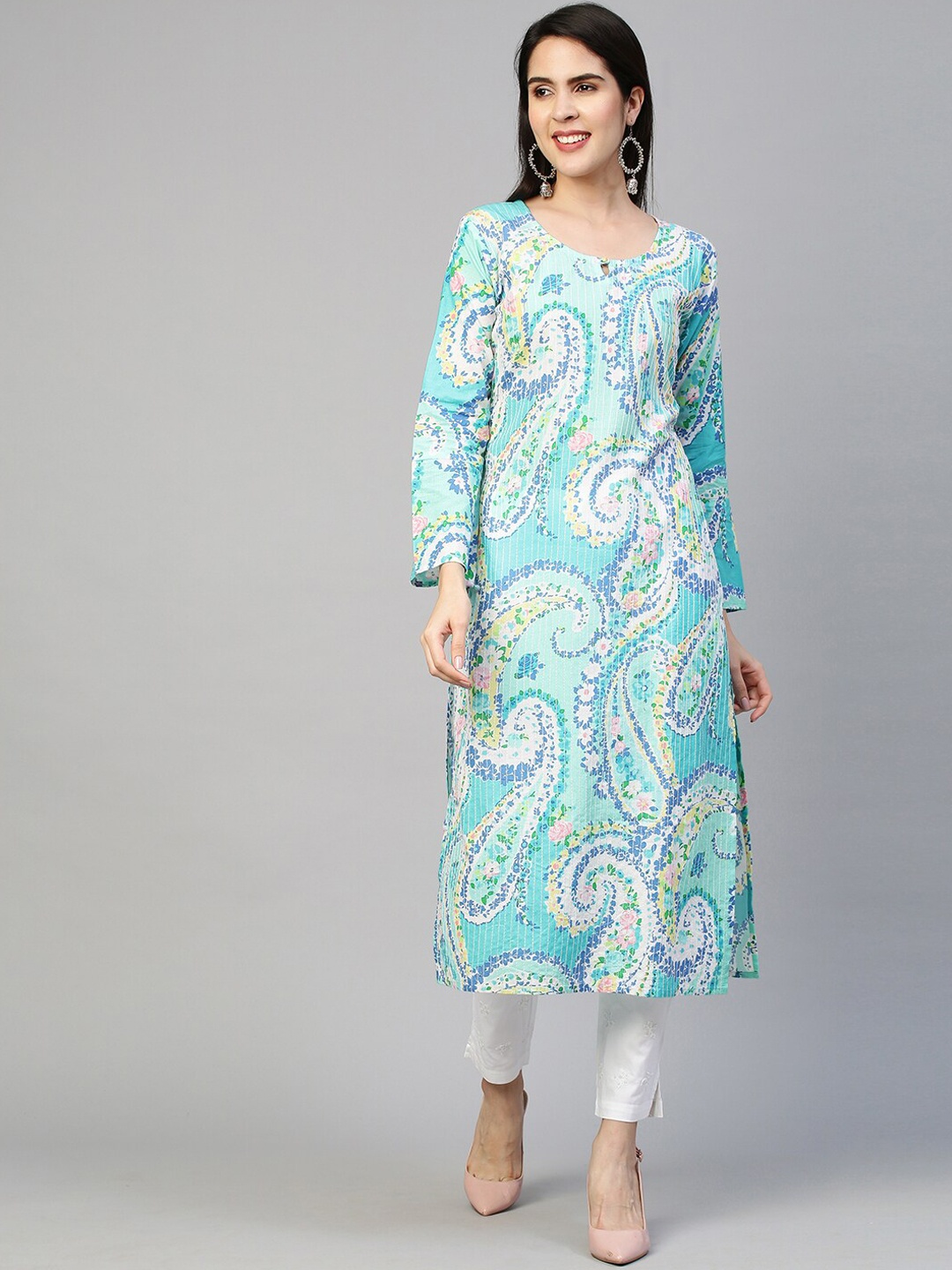 

FASHOR Women Blue Paisley Printed Pure Cotton Kurta with Trousers