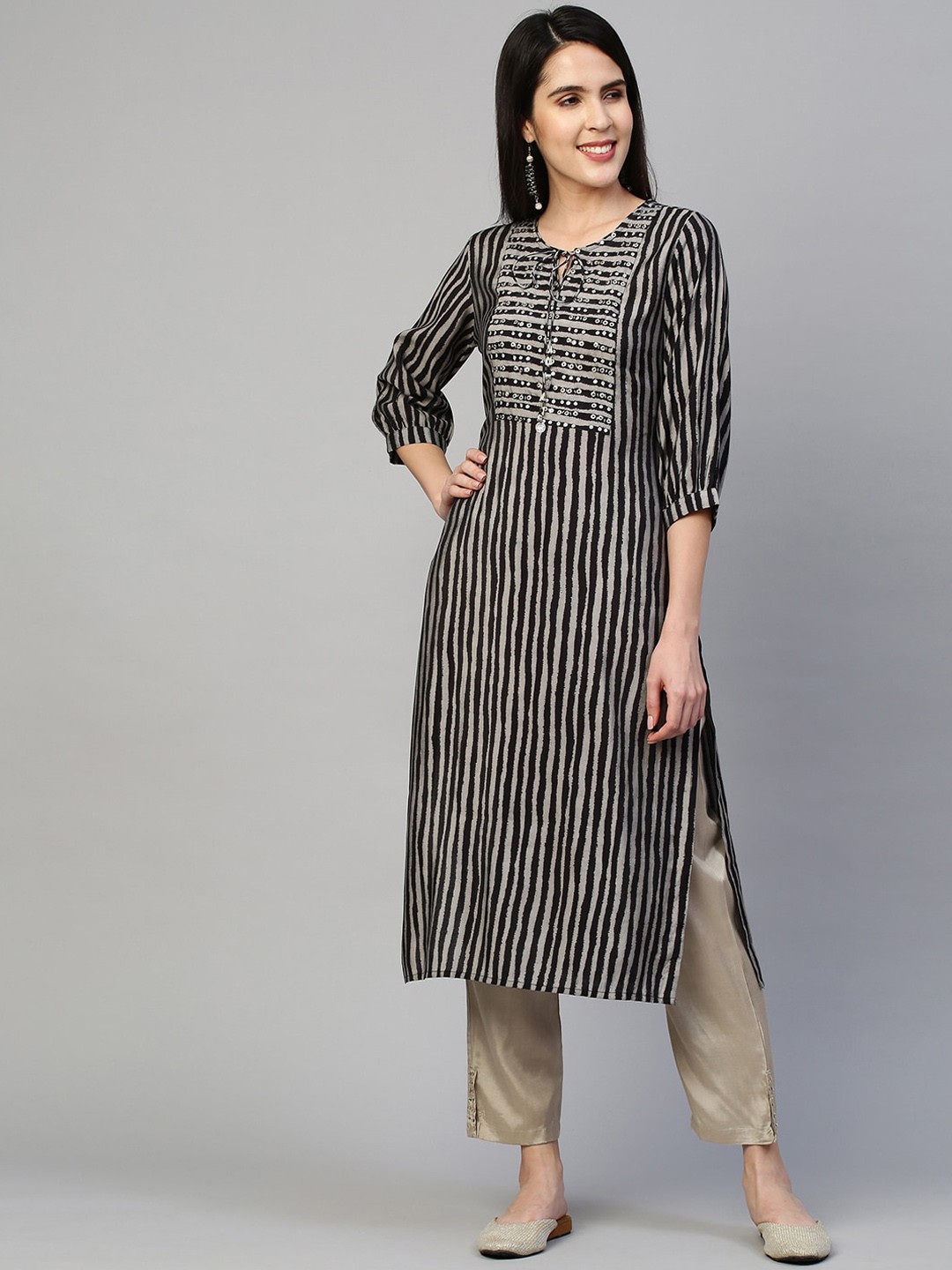 

FASHOR Women Black Striped Mirror Work Kurta with Trousers