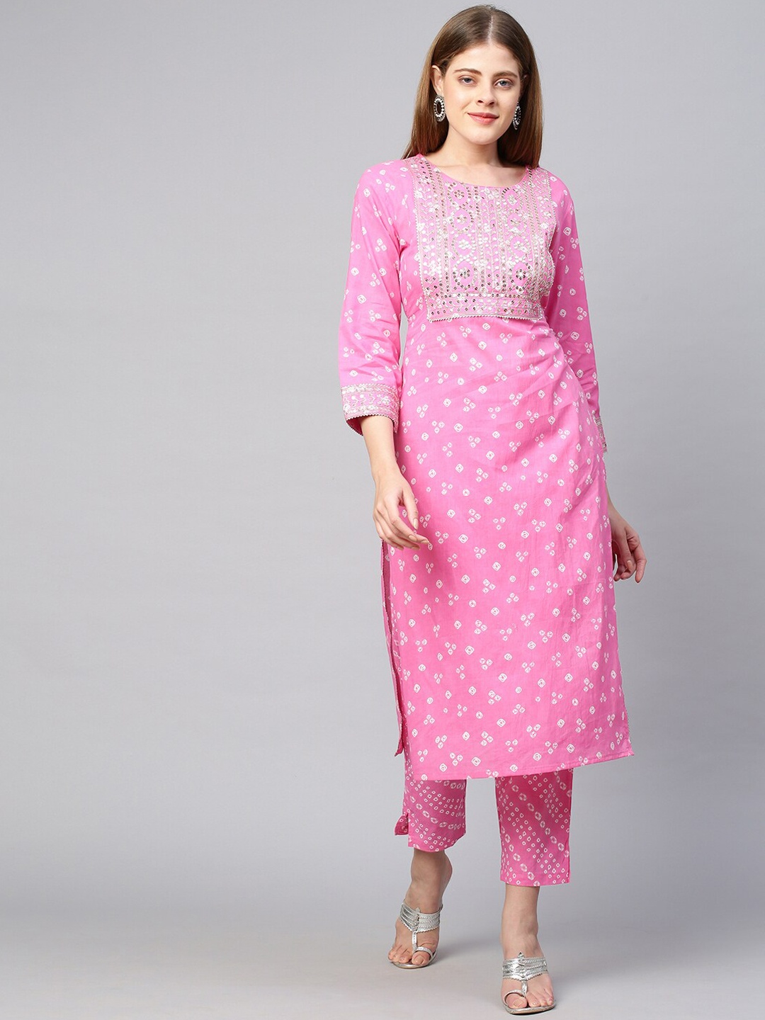 

FASHOR Women Pink Bandhani Printed Pure Cotton Kurta with Trousers