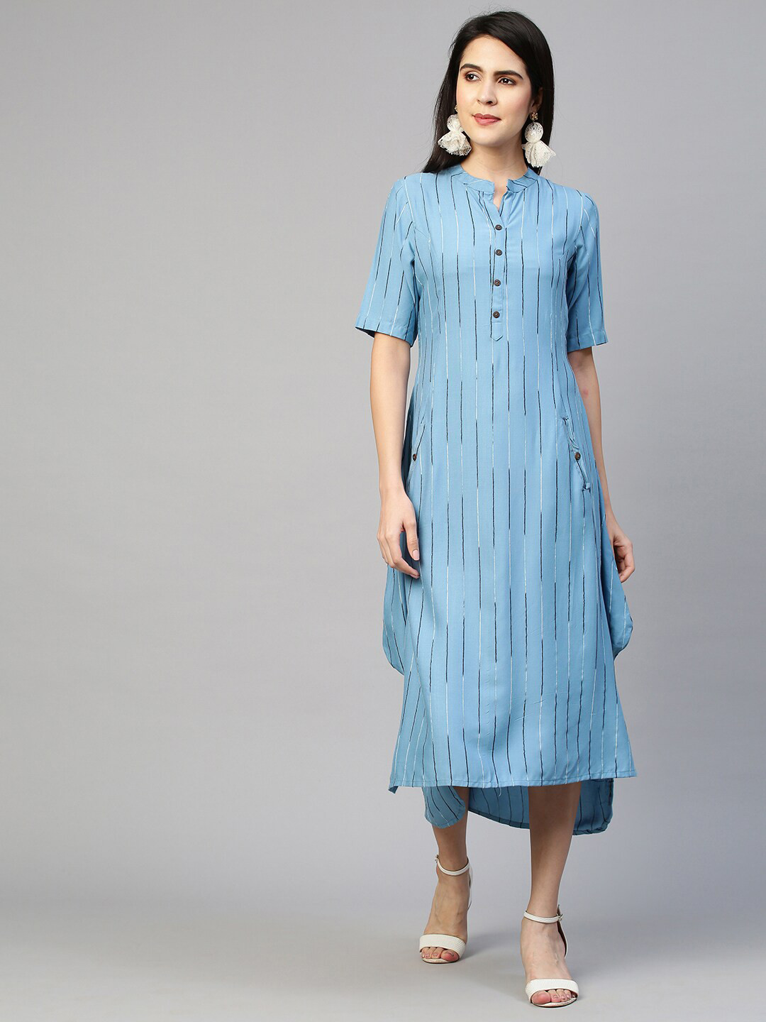 

FASHOR Blue Striped A-Line Midi Dress